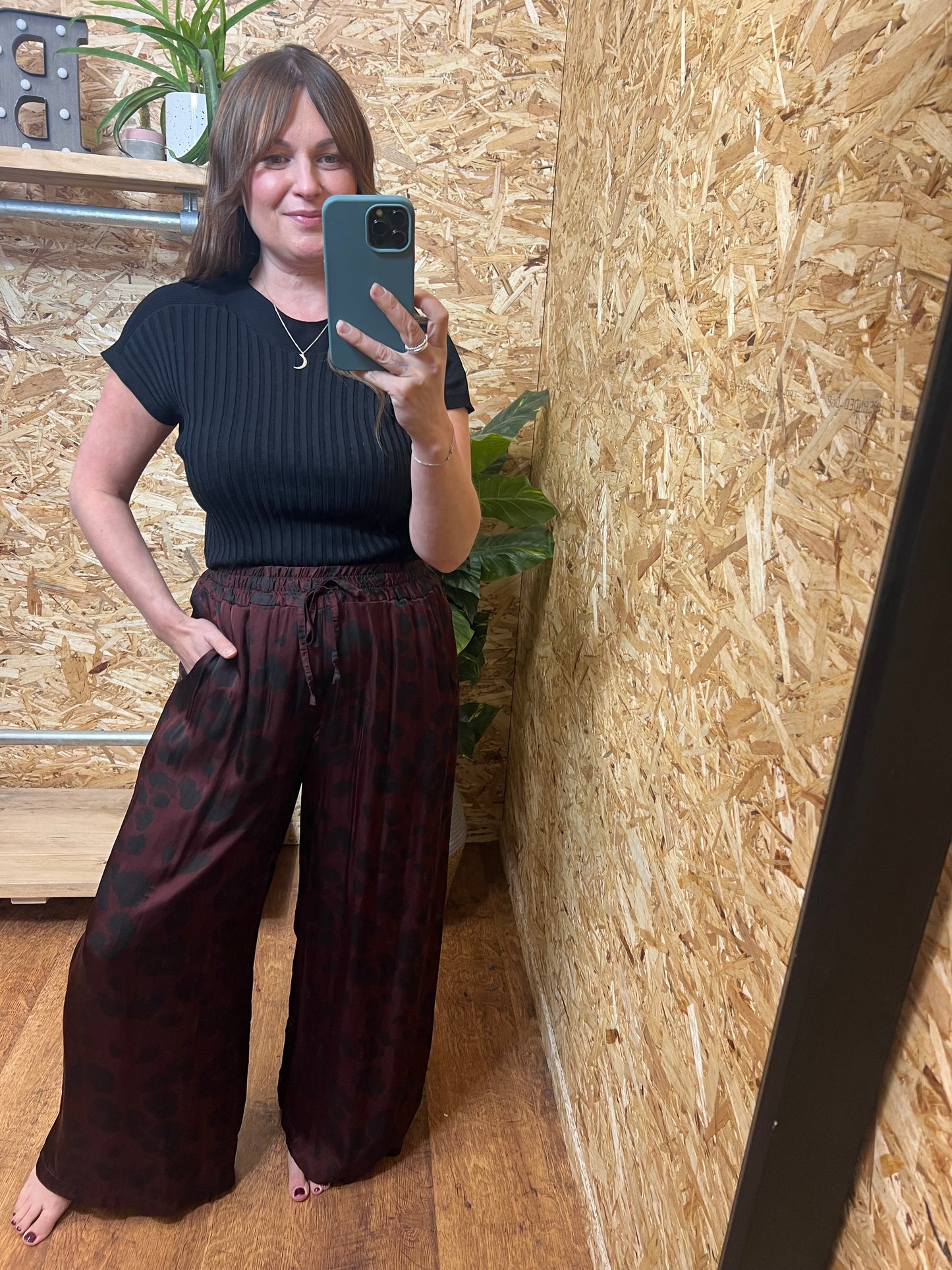 Silk Mix Leopard Trousers- Burgundy