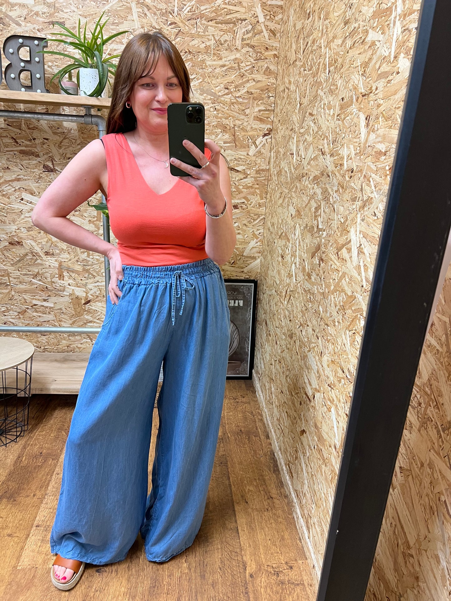 Chambray Denim Wide Leg Trousers