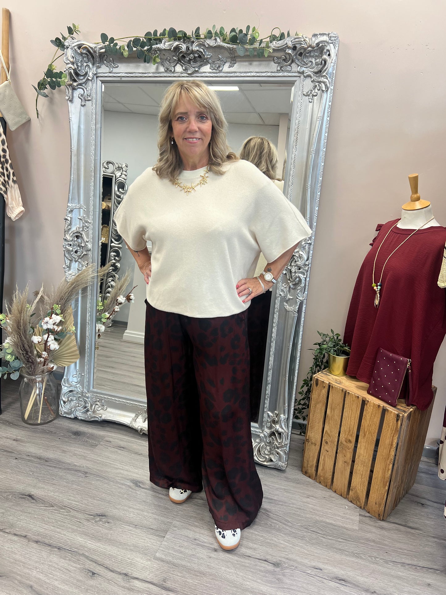 Silk Mix Leopard Trousers- Burgundy