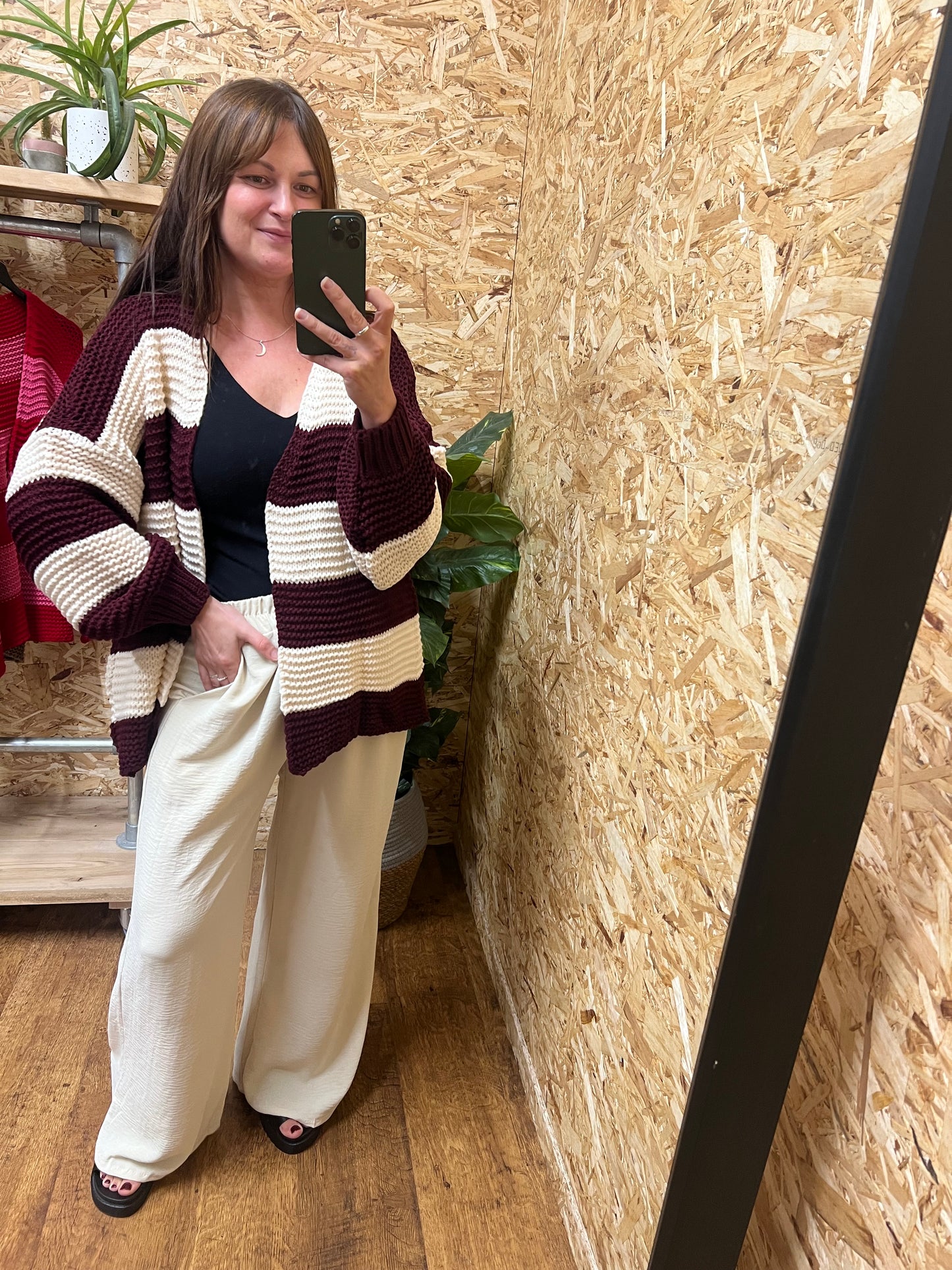 Chunky Stripe Cardigan-Burgundy/Cream