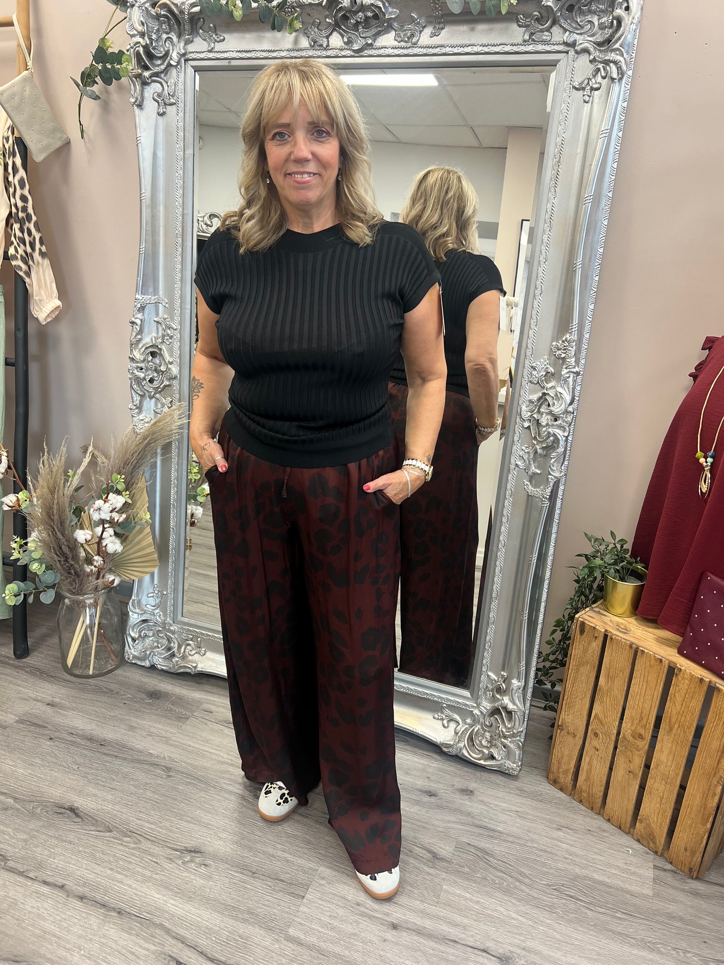 Silk Mix Leopard Trousers- Burgundy