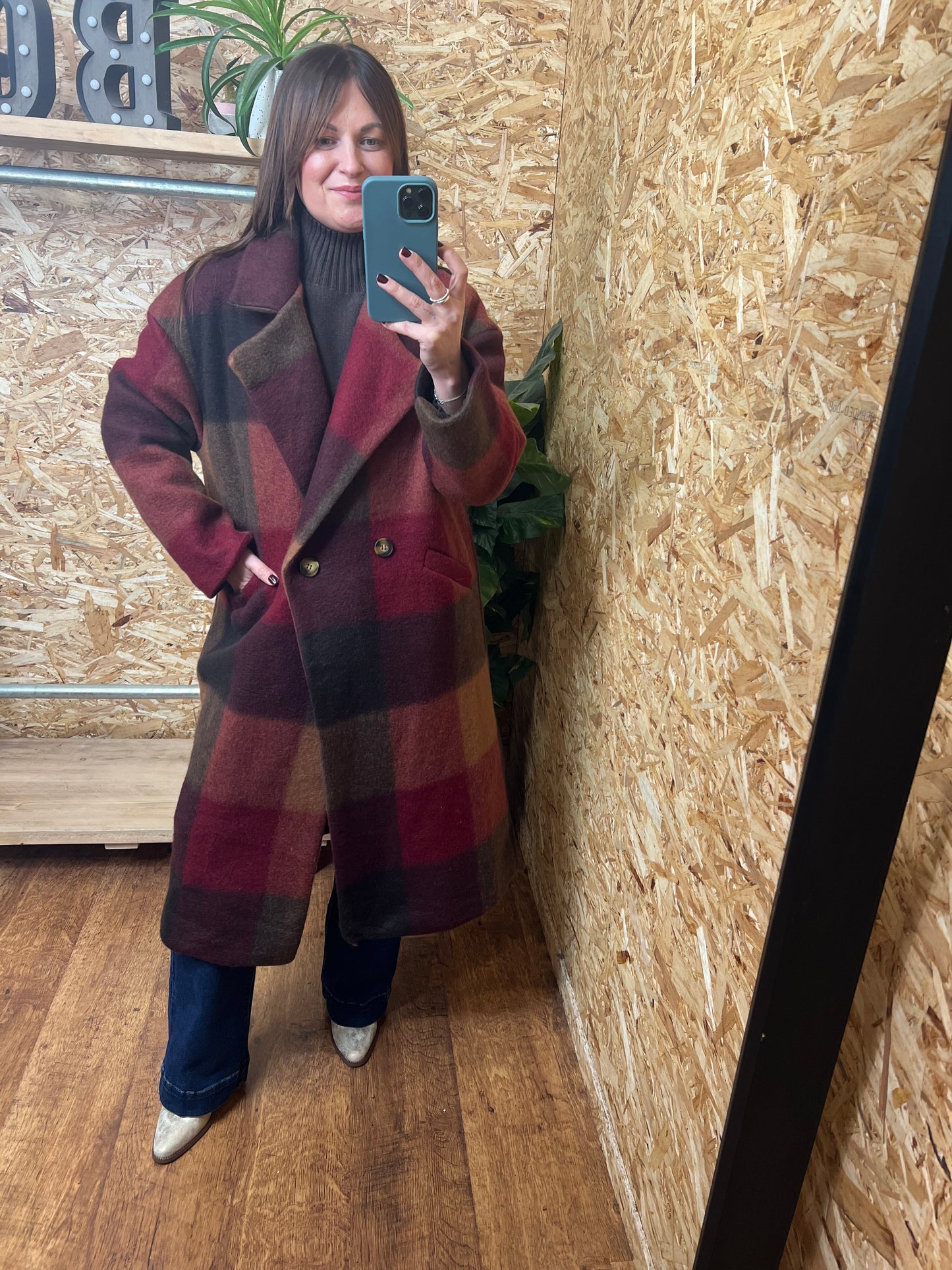 Checked Wool Coat Wine/Brown