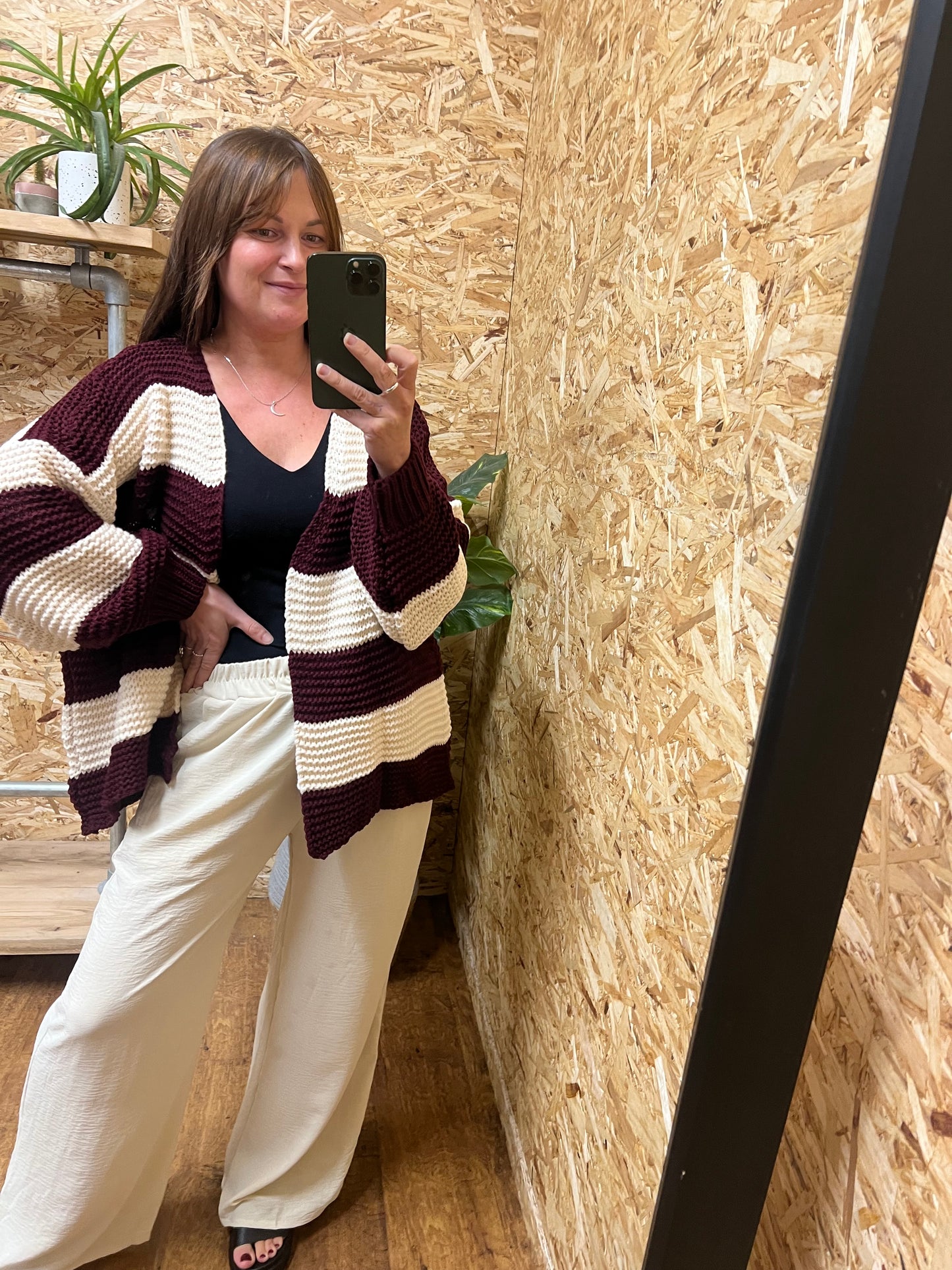 Chunky Stripe Cardigan-Burgundy/Cream