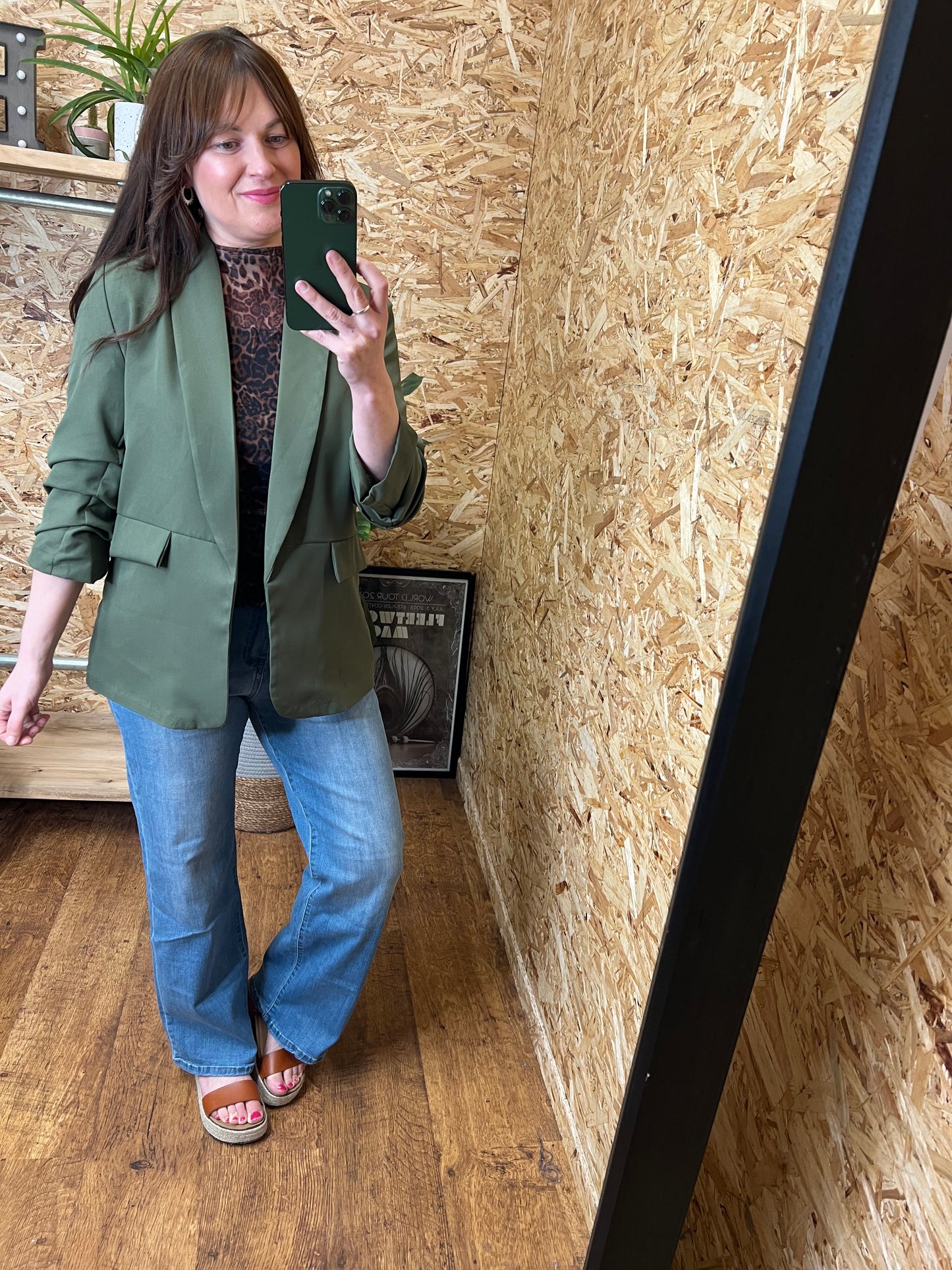 Khaki Ruched Sleeve Blazer