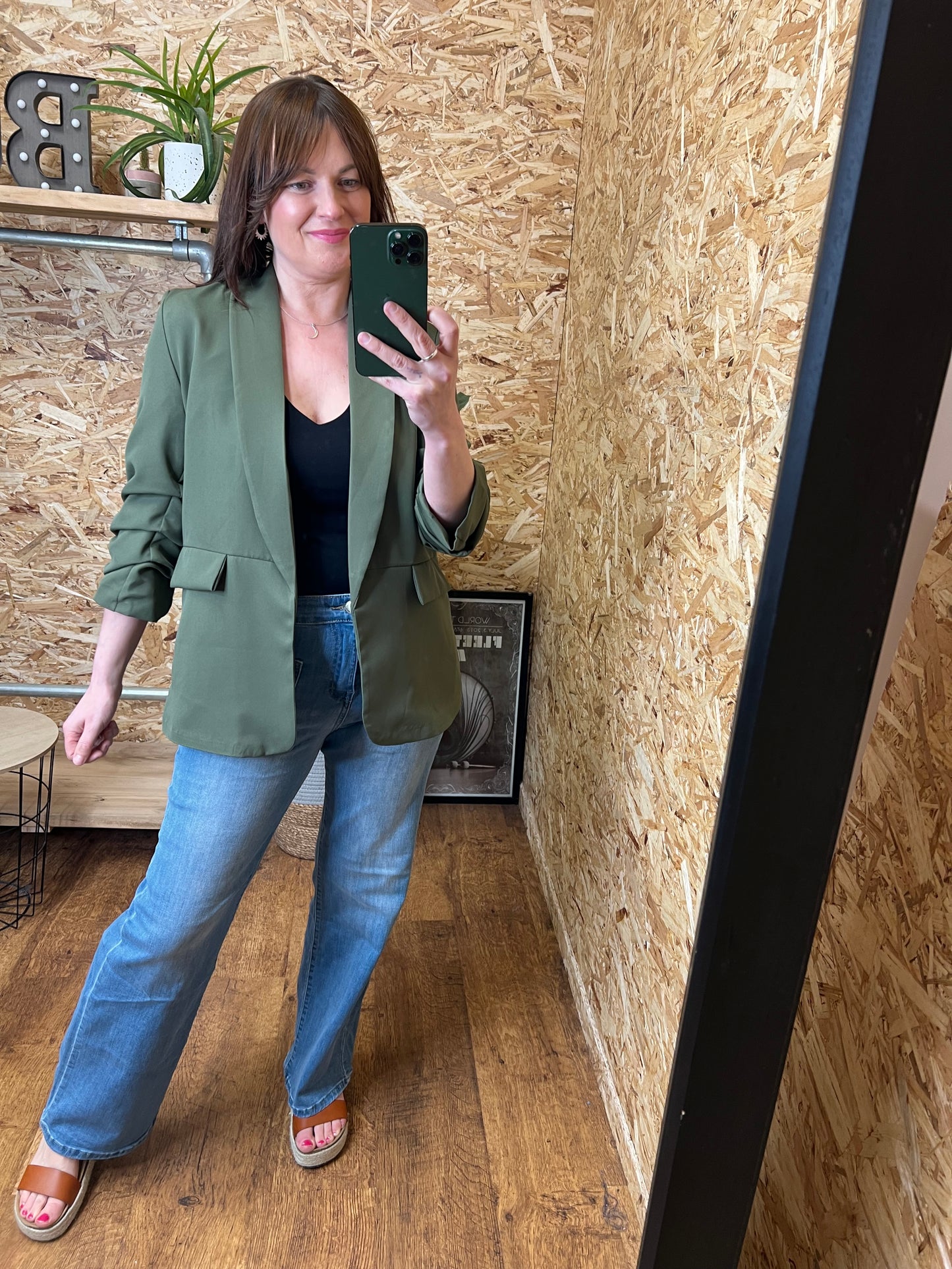 Khaki Ruched Sleeve Blazer