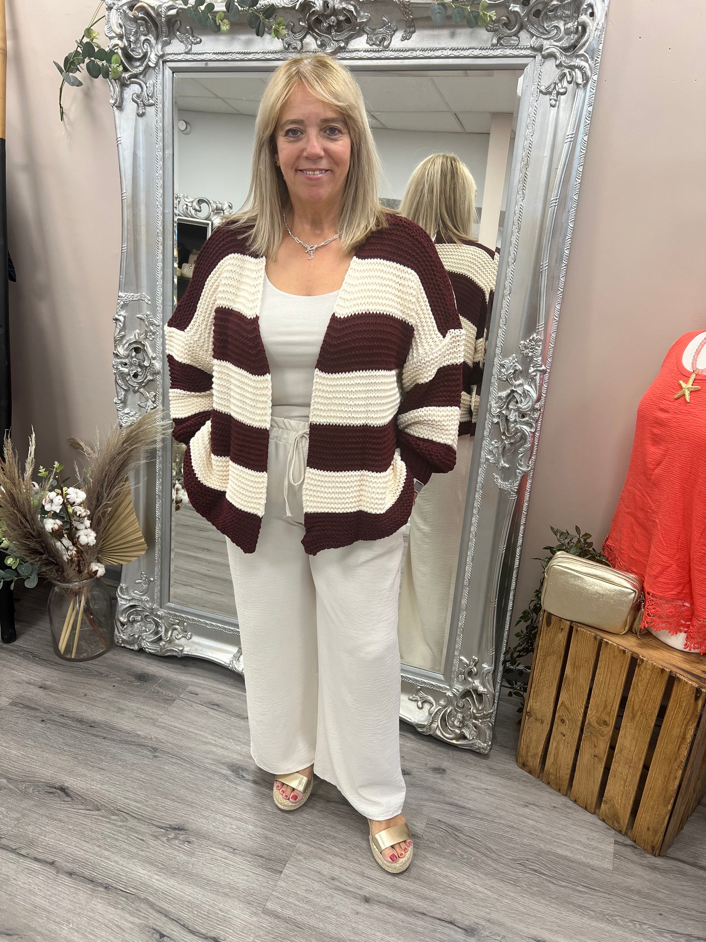 Chunky Stripe Cardigan-Burgundy/Cream