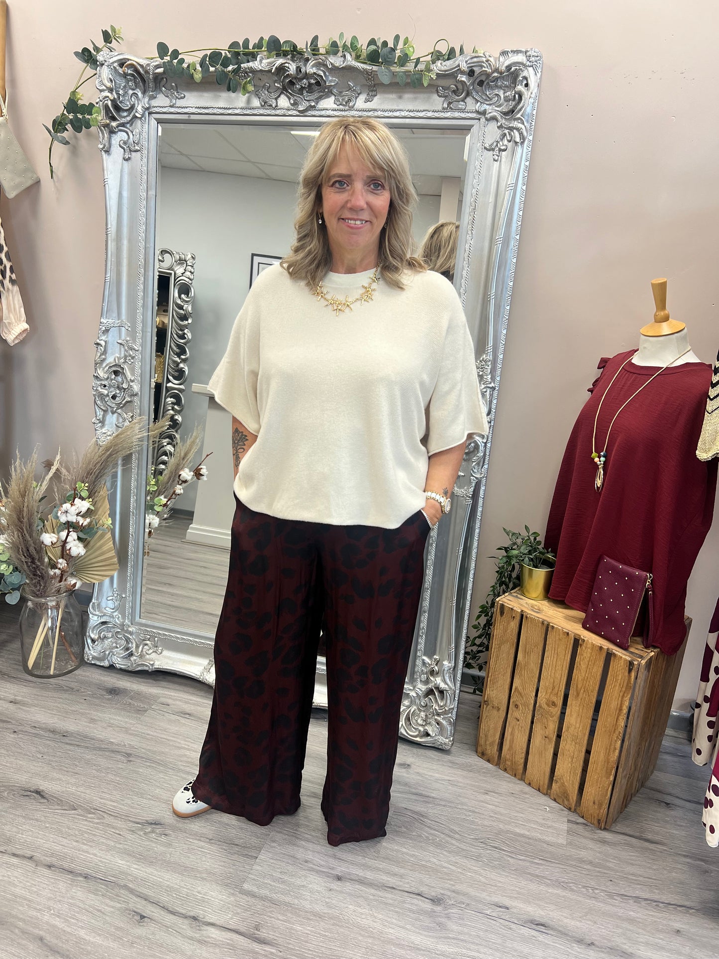 Silk Mix Leopard Trousers- Burgundy