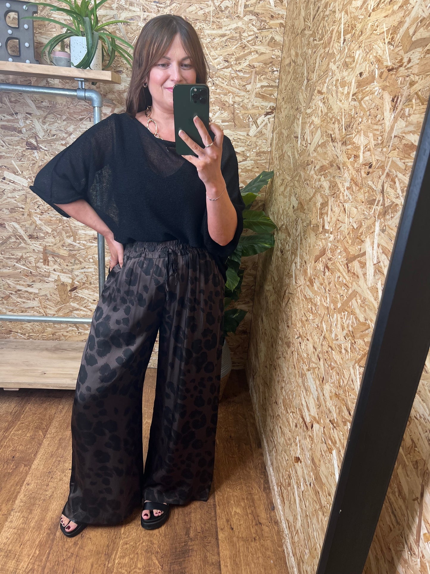 Silk Mix Leopard Trousers Chocolate