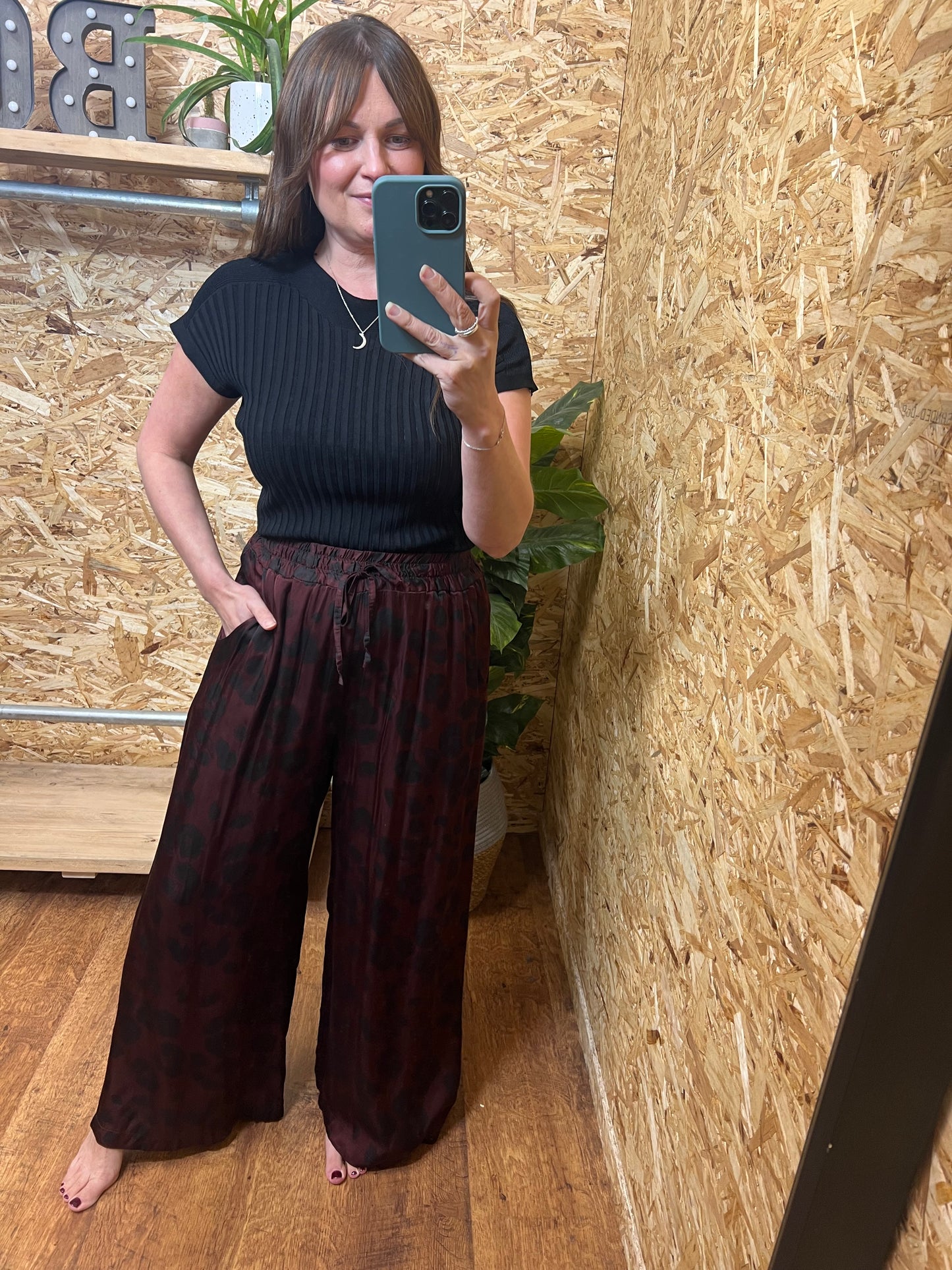 Silk Mix Leopard Trousers- Burgundy