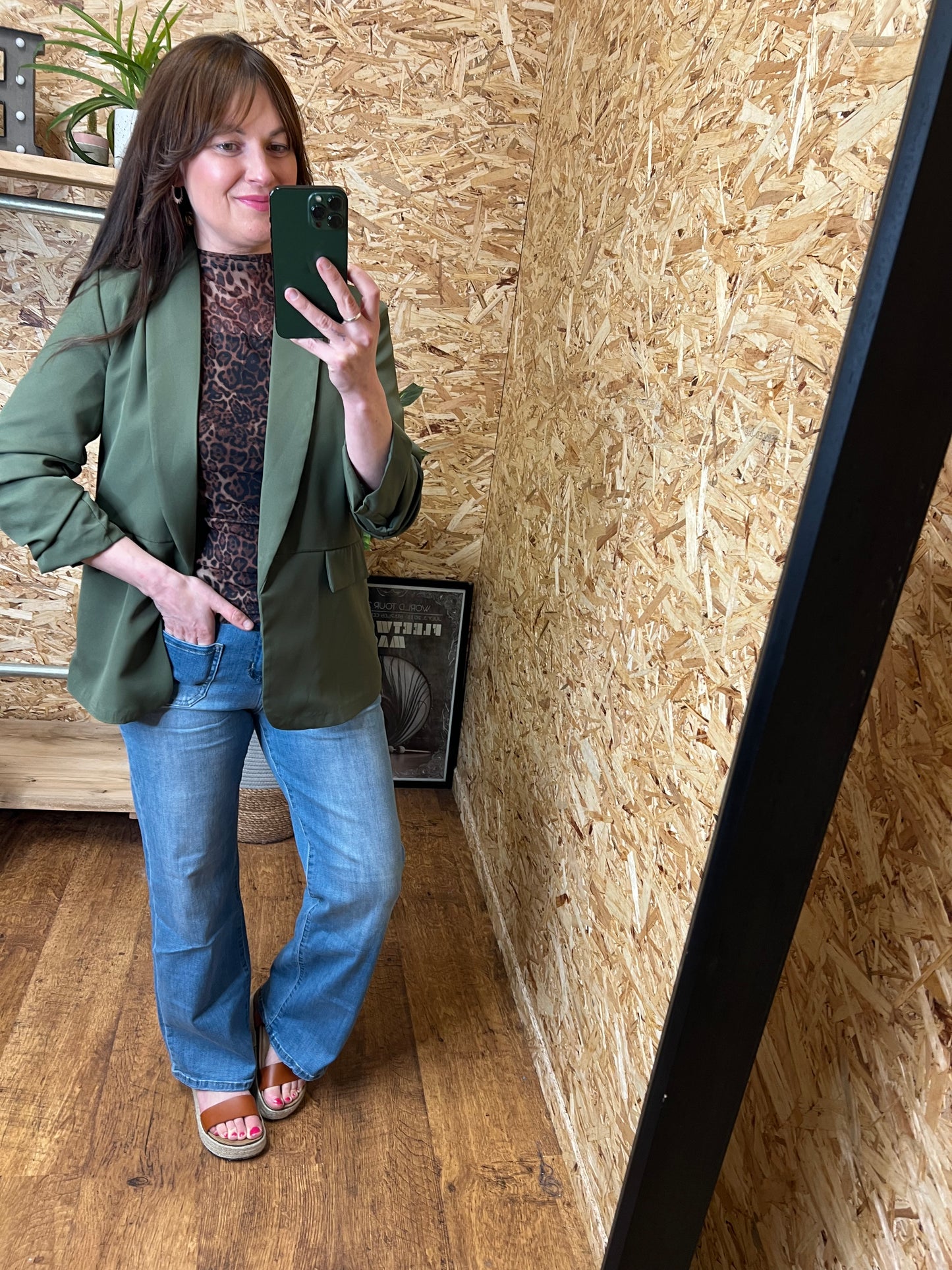 Khaki Ruched Sleeve Blazer