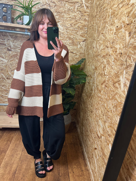 Chunky Stripe Cardigan - Chestnut/Cream