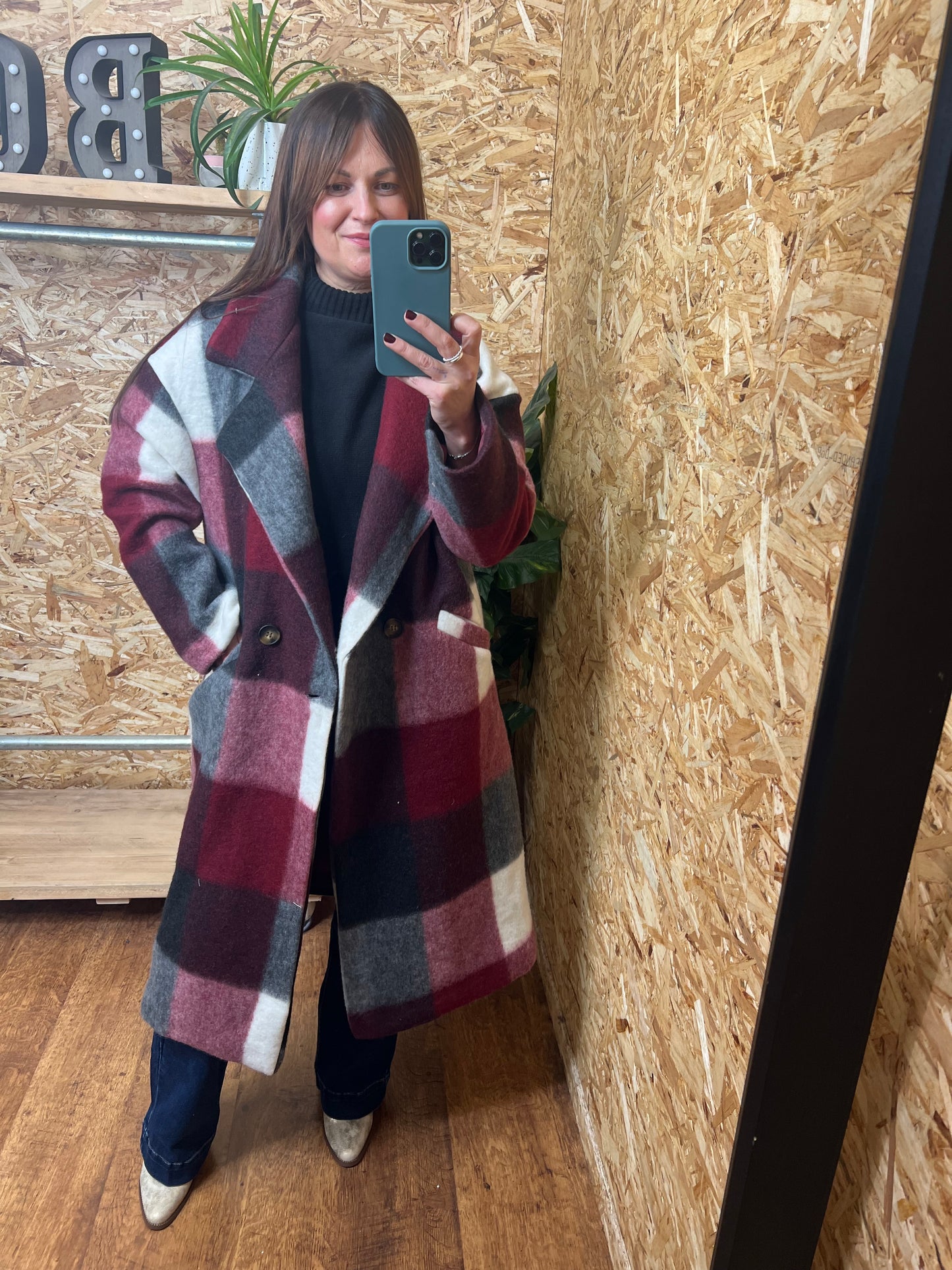 Checked Wool Coat Wine/Grey