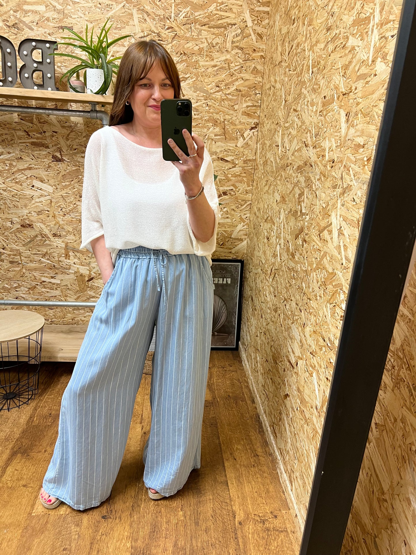 Chambray Denim Wide Leg Trousers