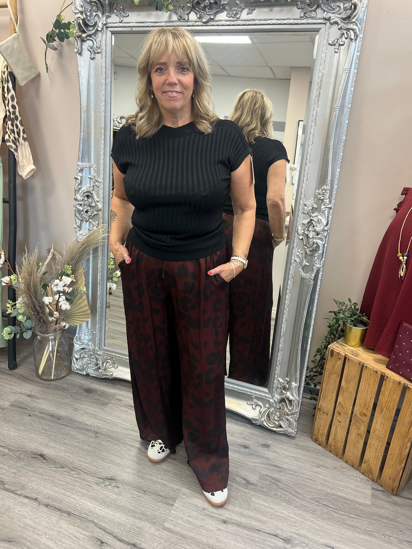 Silk Mix Leopard Trousers- Burgundy
