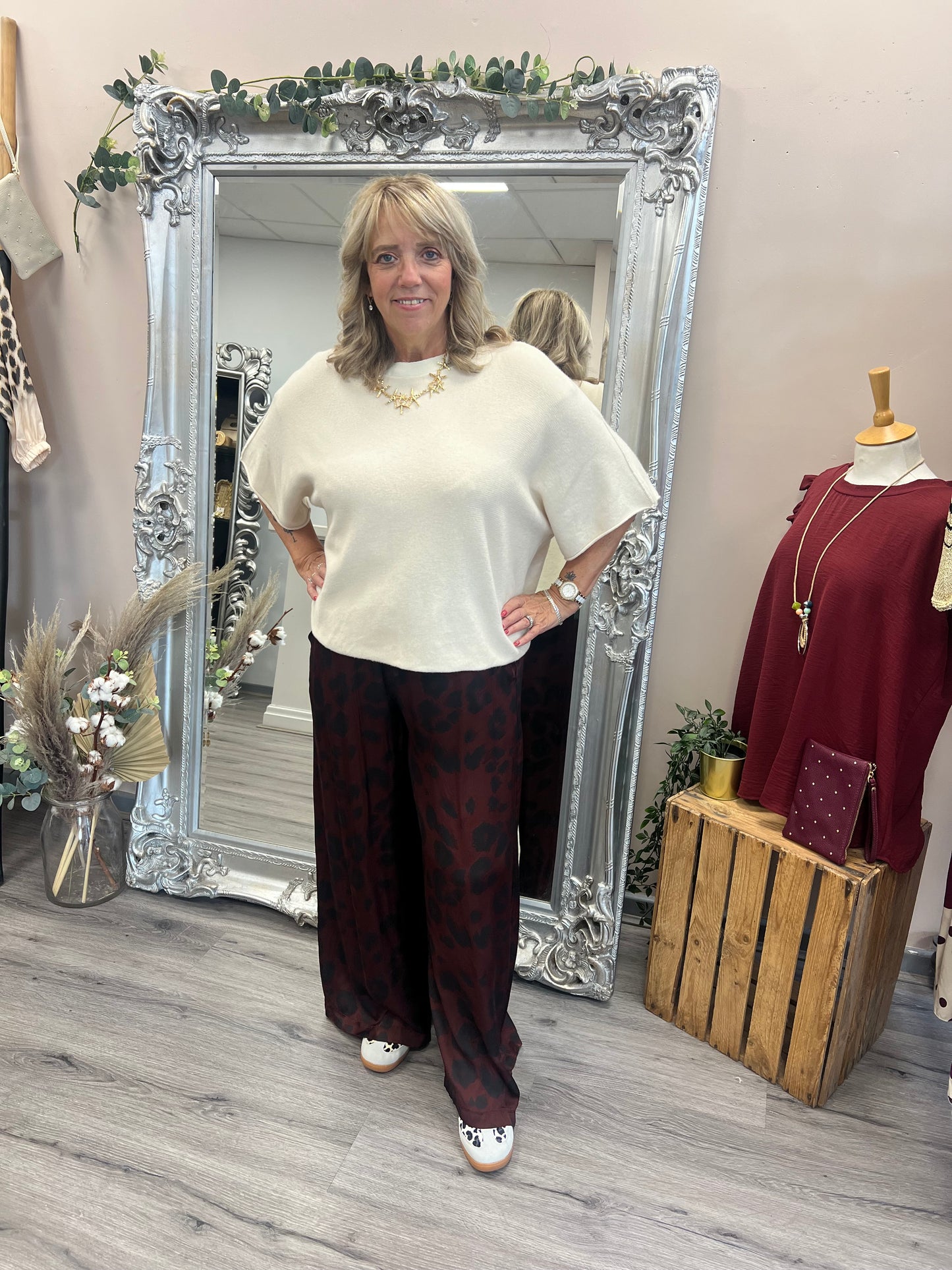Silk Mix Leopard Trousers- Burgundy