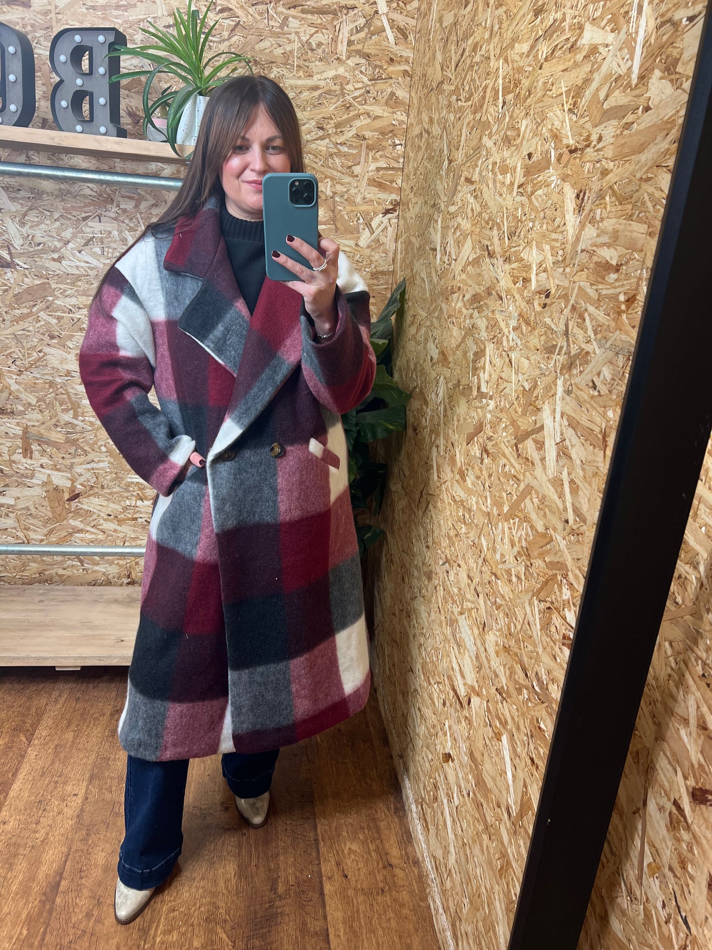 Checked Wool Coat Wine/Grey