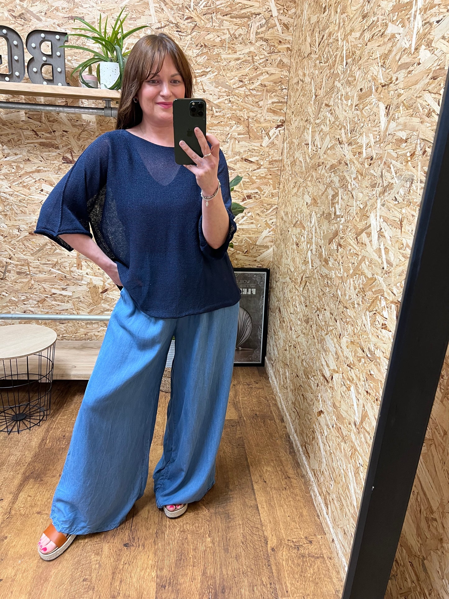 Chambray Denim Wide Leg Trousers