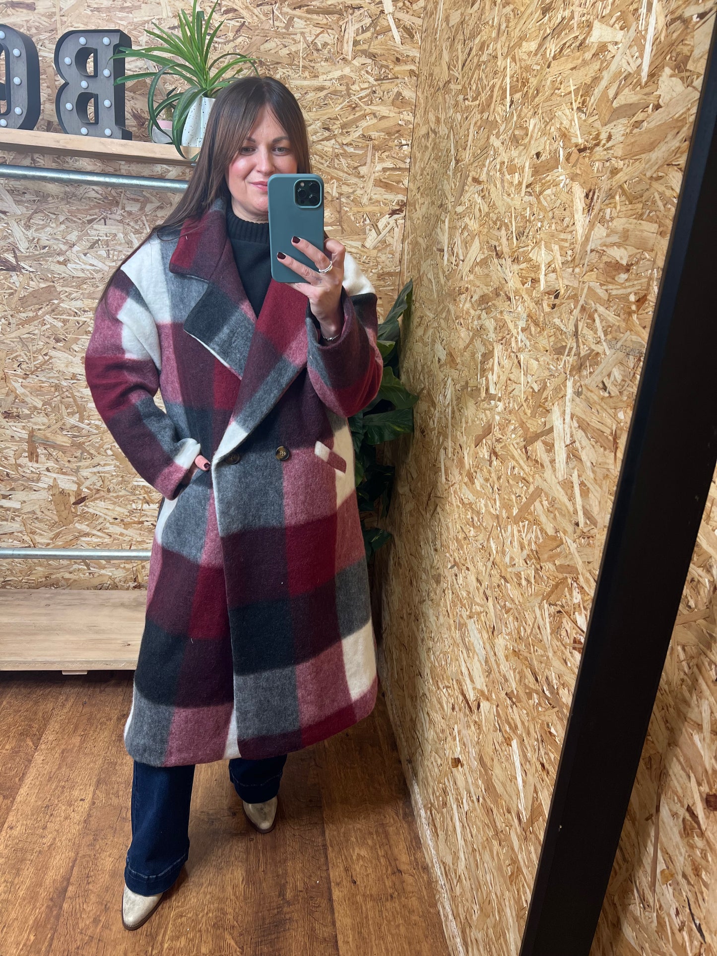 Checked Wool Coat Wine/Grey