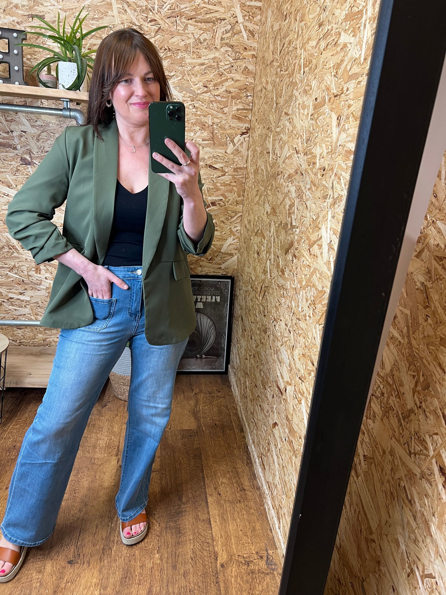 Khaki Ruched Sleeve Blazer