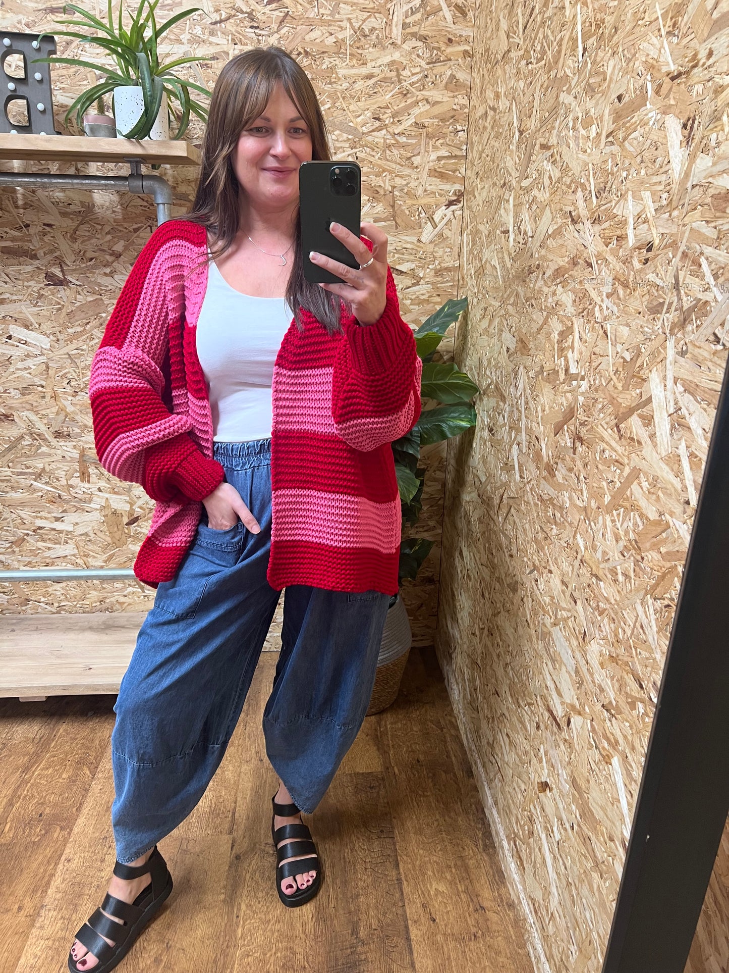 Chunky Stripe Cardigan-Red/Pink