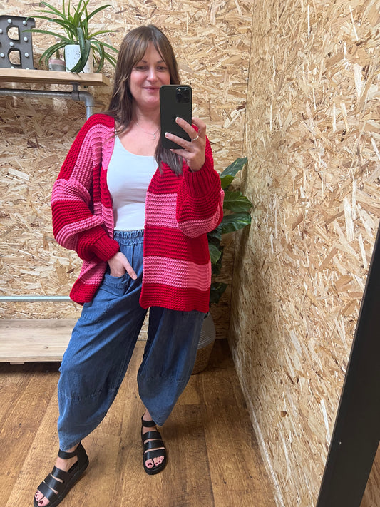 Chunky Stripe Cardigan-Red/Pink