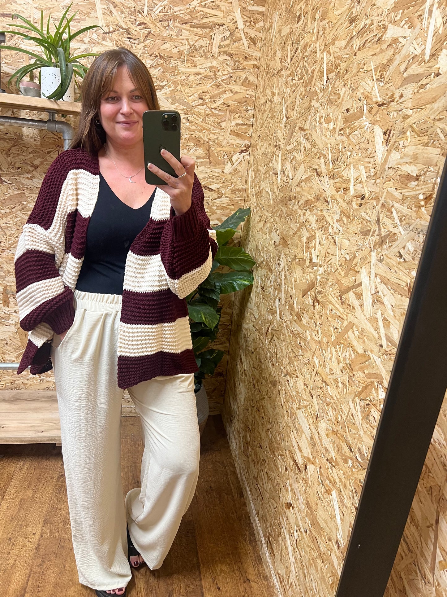 Chunky Stripe Cardigan-Burgundy/Cream