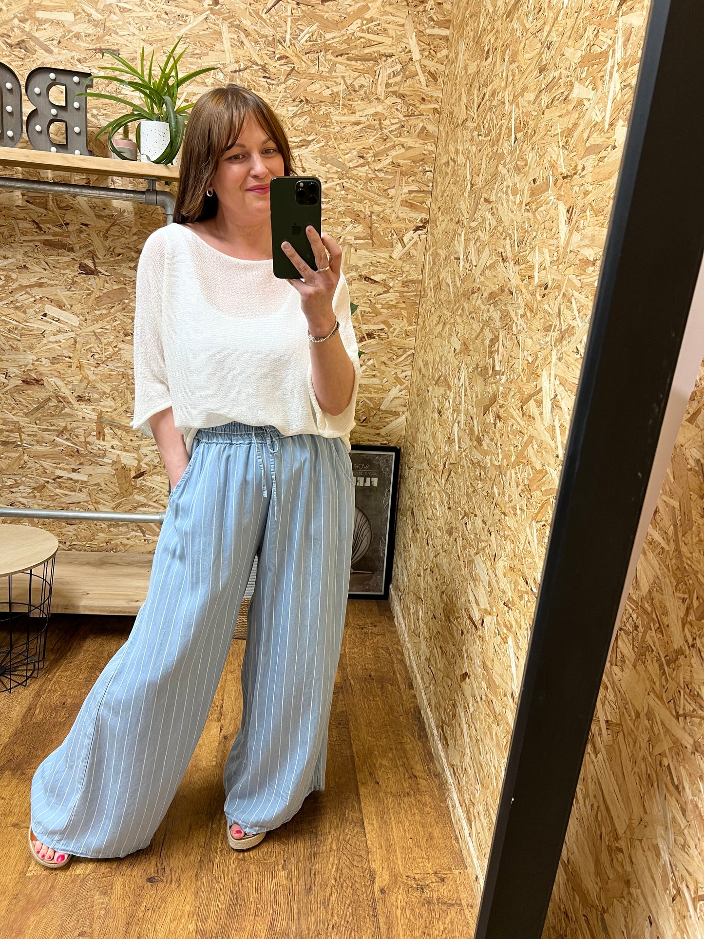 Chambray Denim Wide Leg Trousers