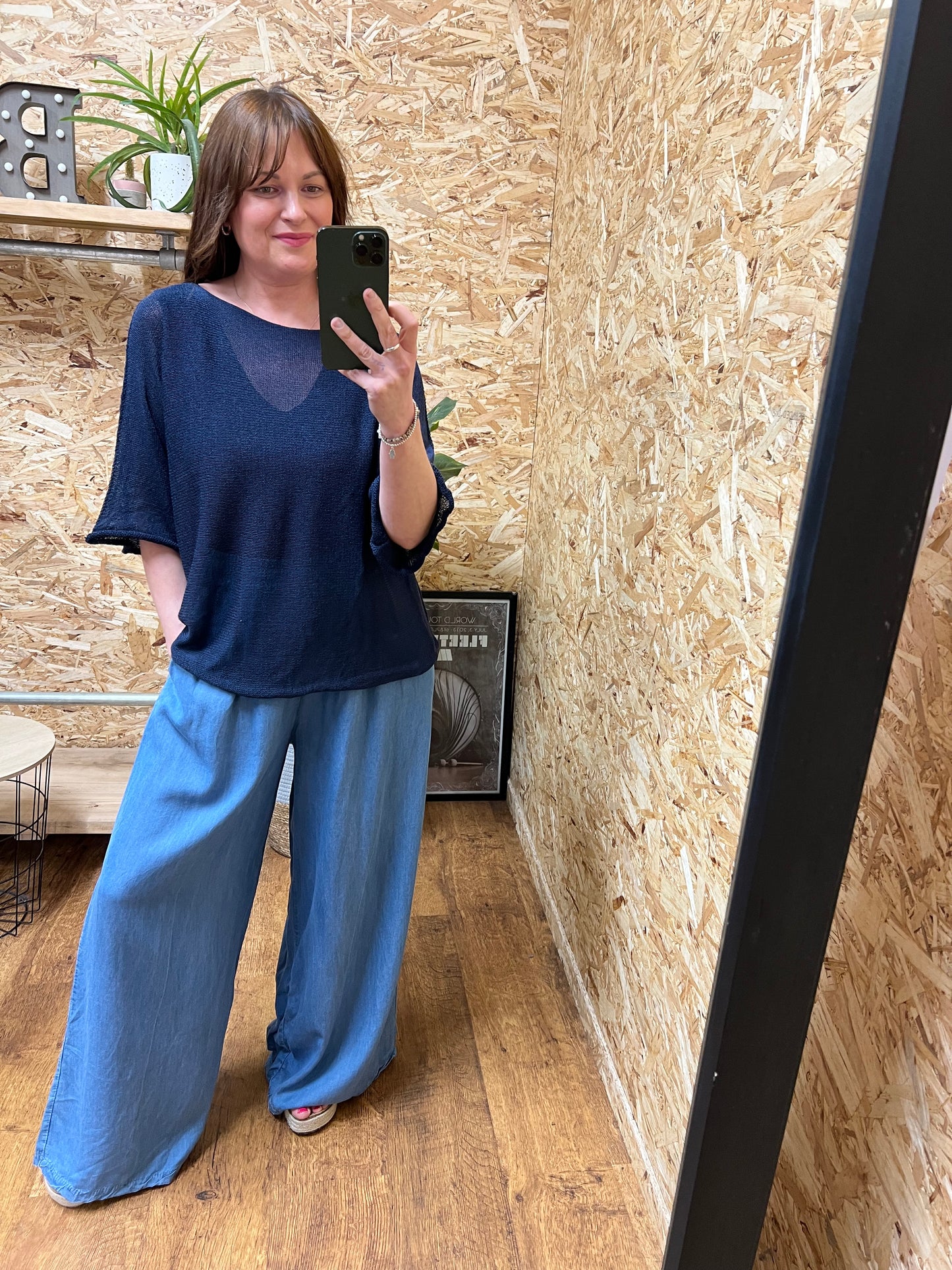 Chambray Denim Wide Leg Trousers
