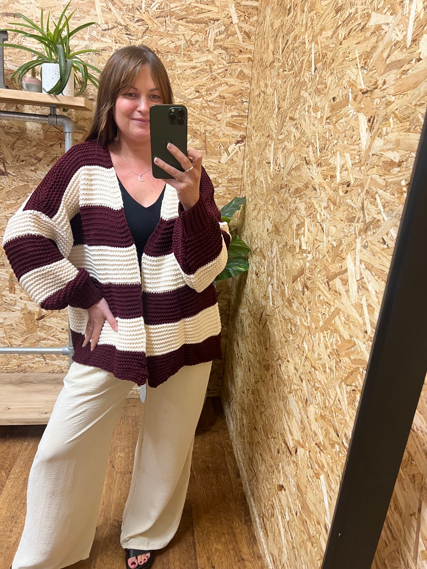 Chunky Stripe Cardigan-Burgundy/Cream
