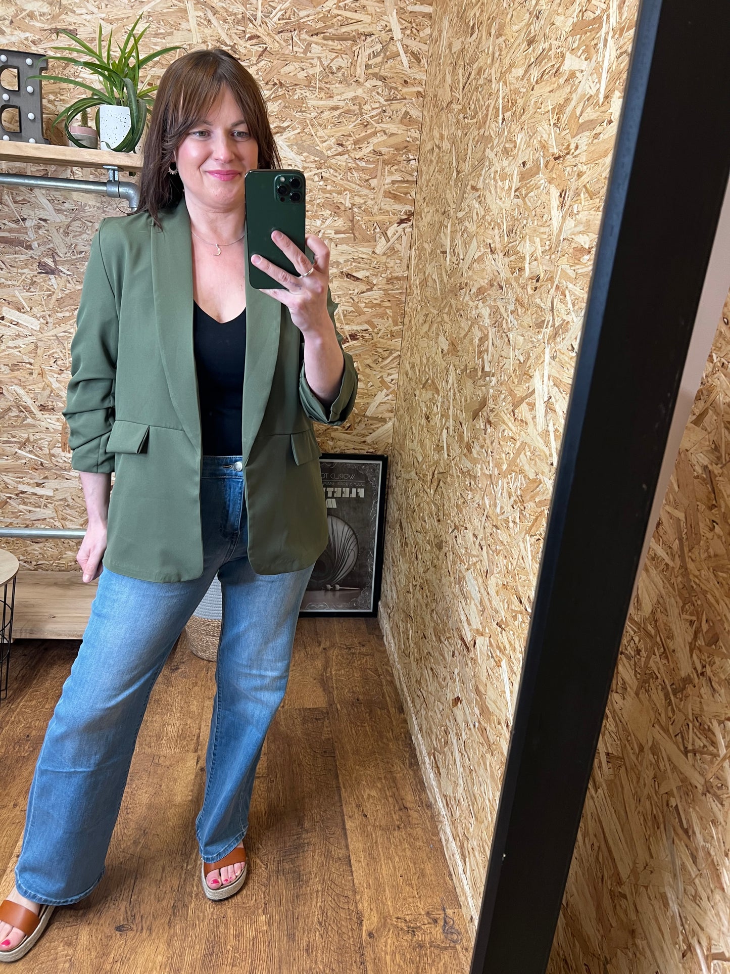 Khaki Ruched Sleeve Blazer