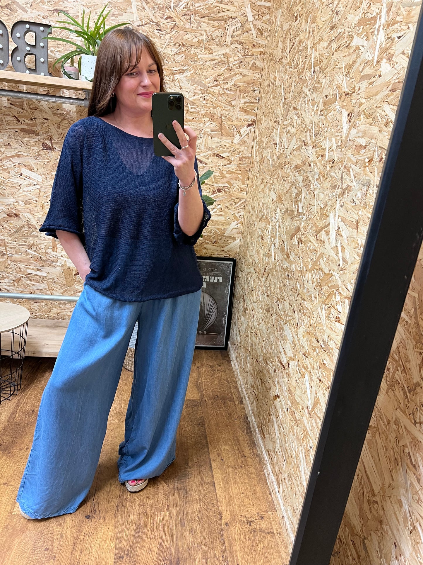 Chambray Denim Wide Leg Trousers