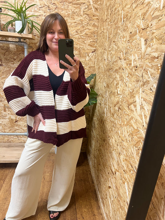 Chunky Stripe Cardigan-Burgundy/Cream