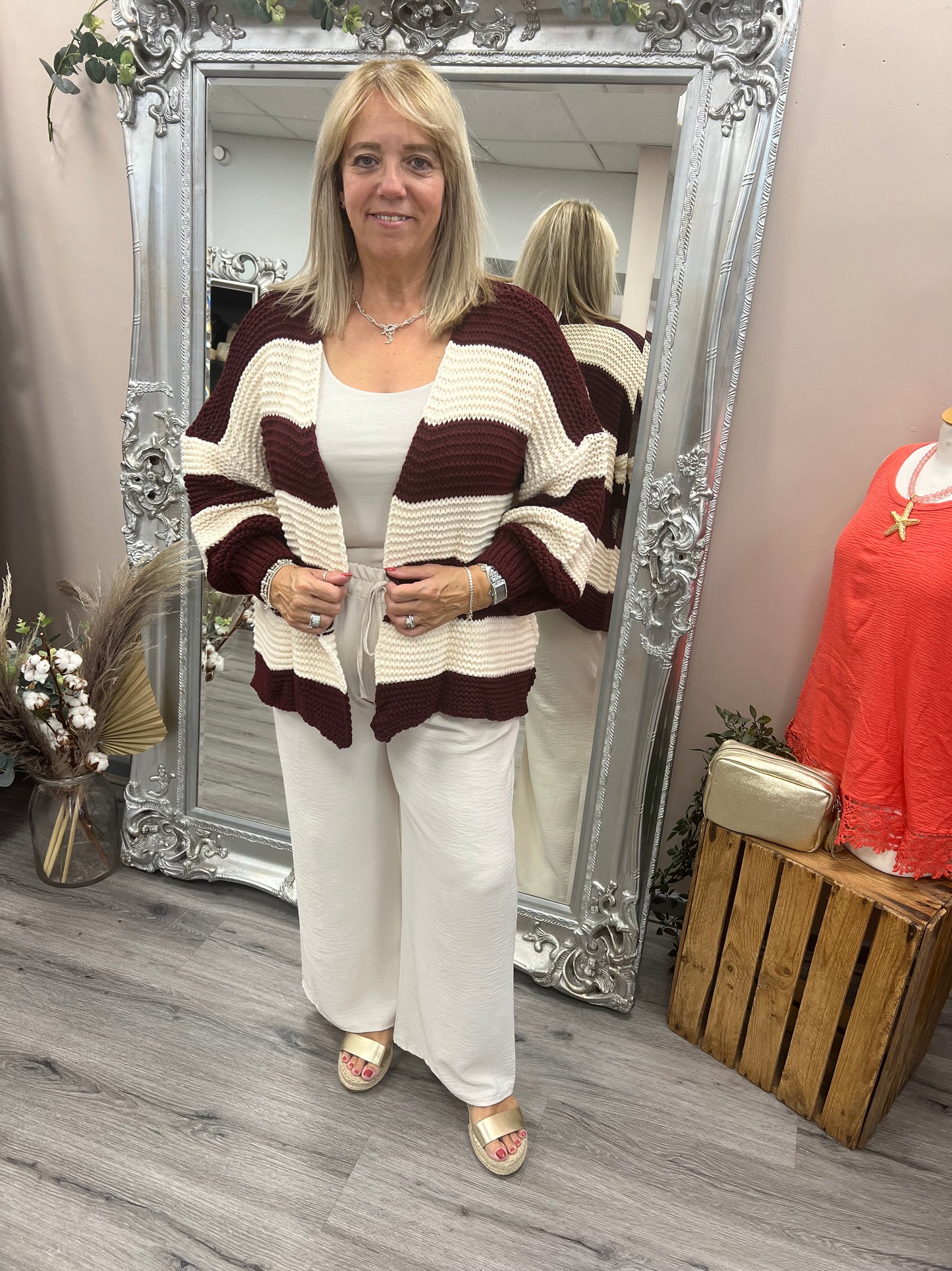 Chunky Stripe Cardigan-Burgundy/Cream