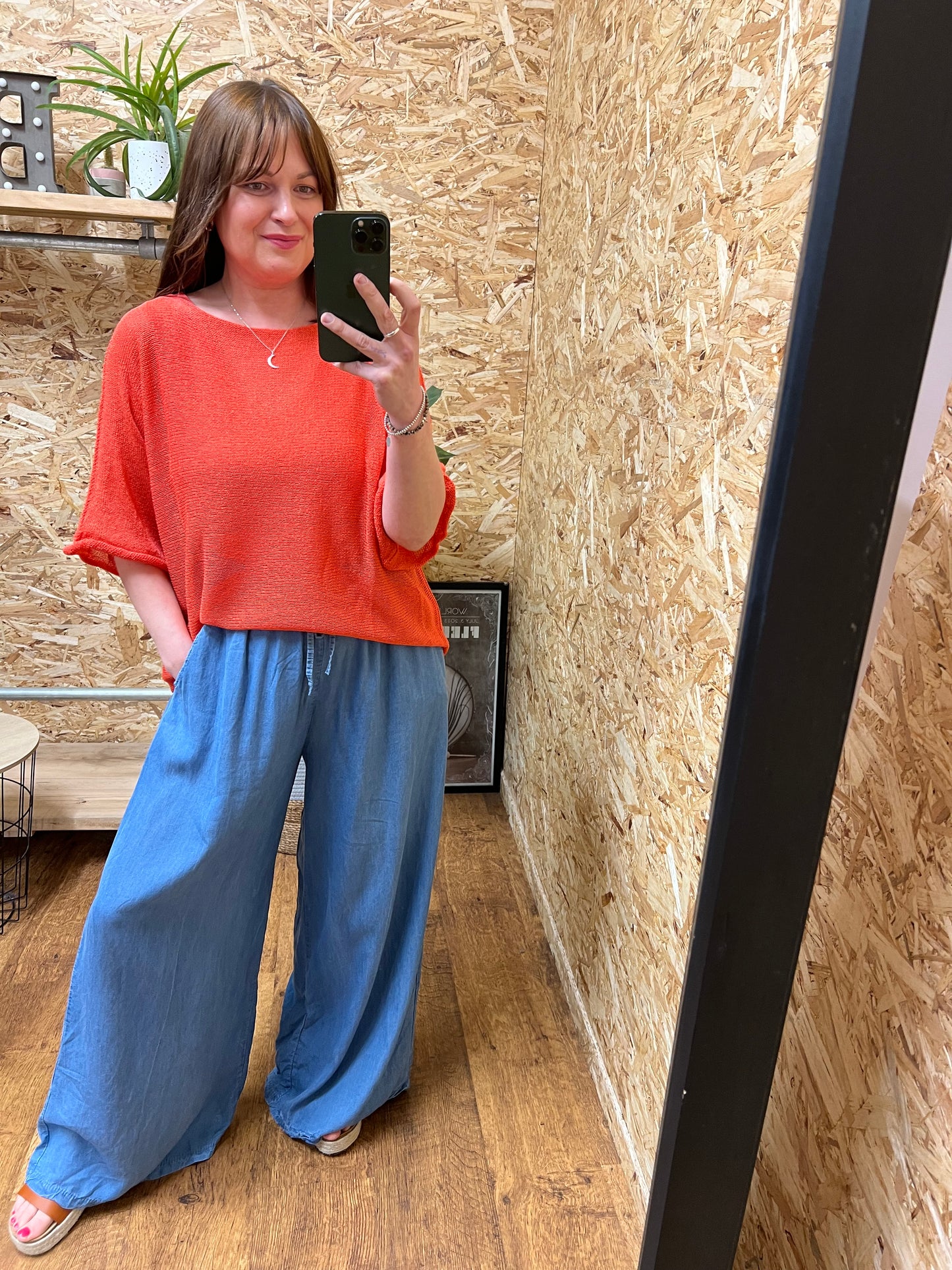 Chambray Denim Wide Leg Trousers