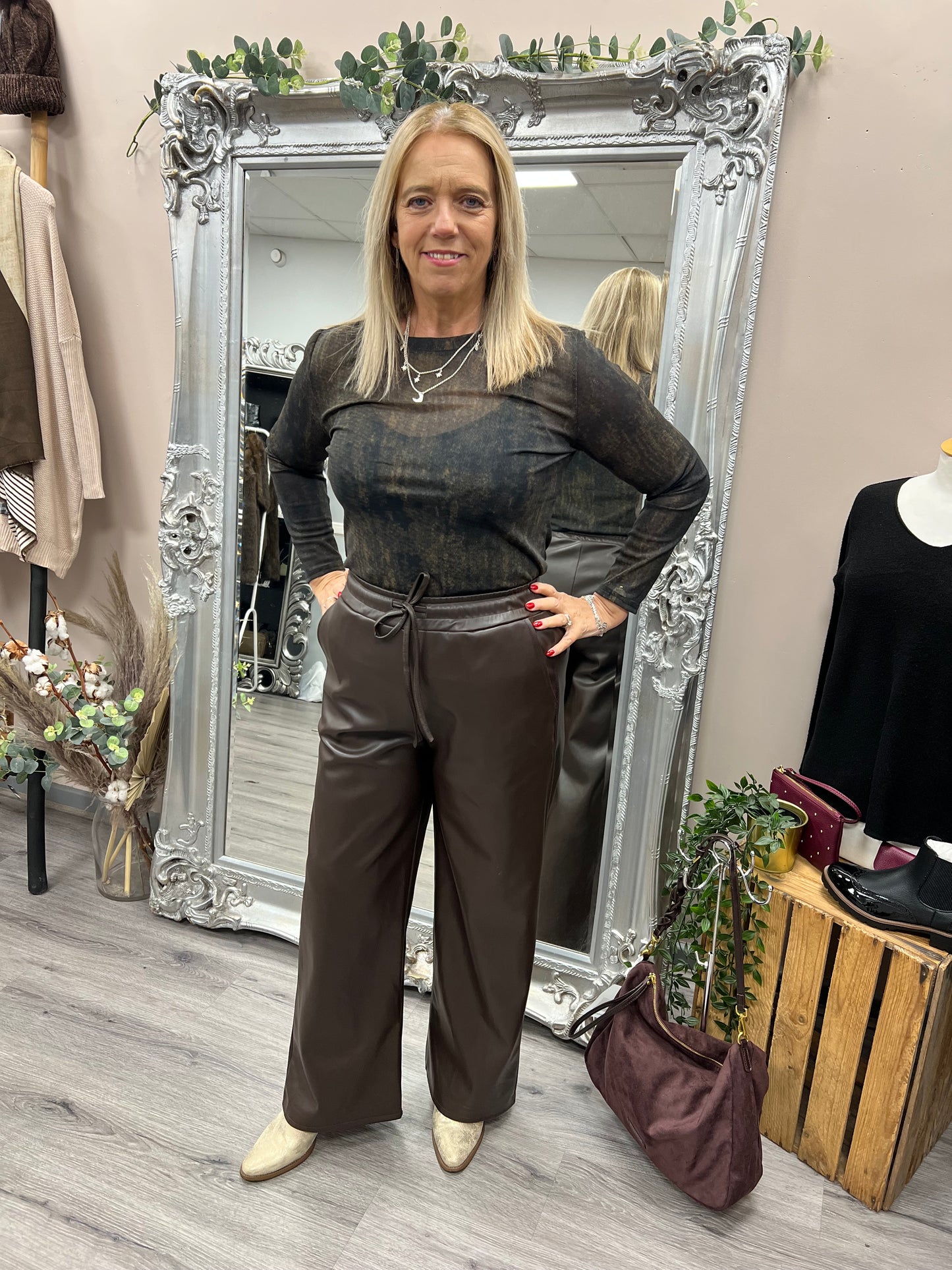 Faux Leather Wide Leg Trousers