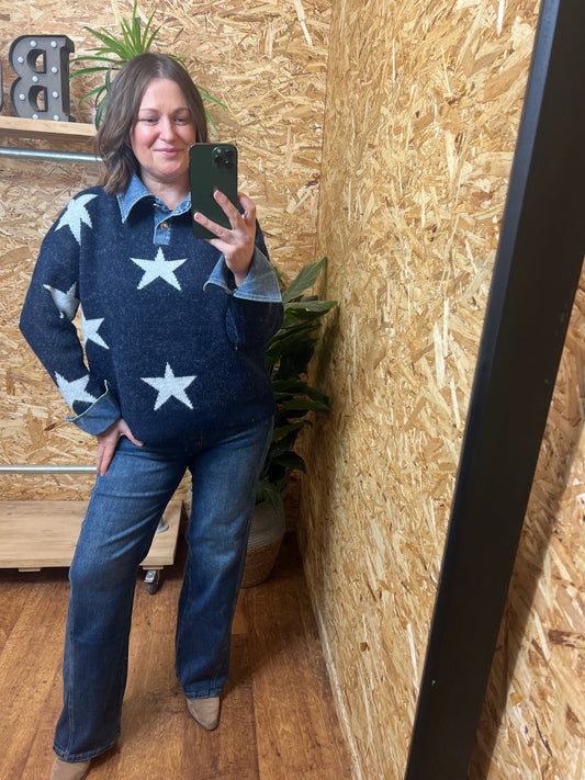 Denim Collar Star Sweatshirt