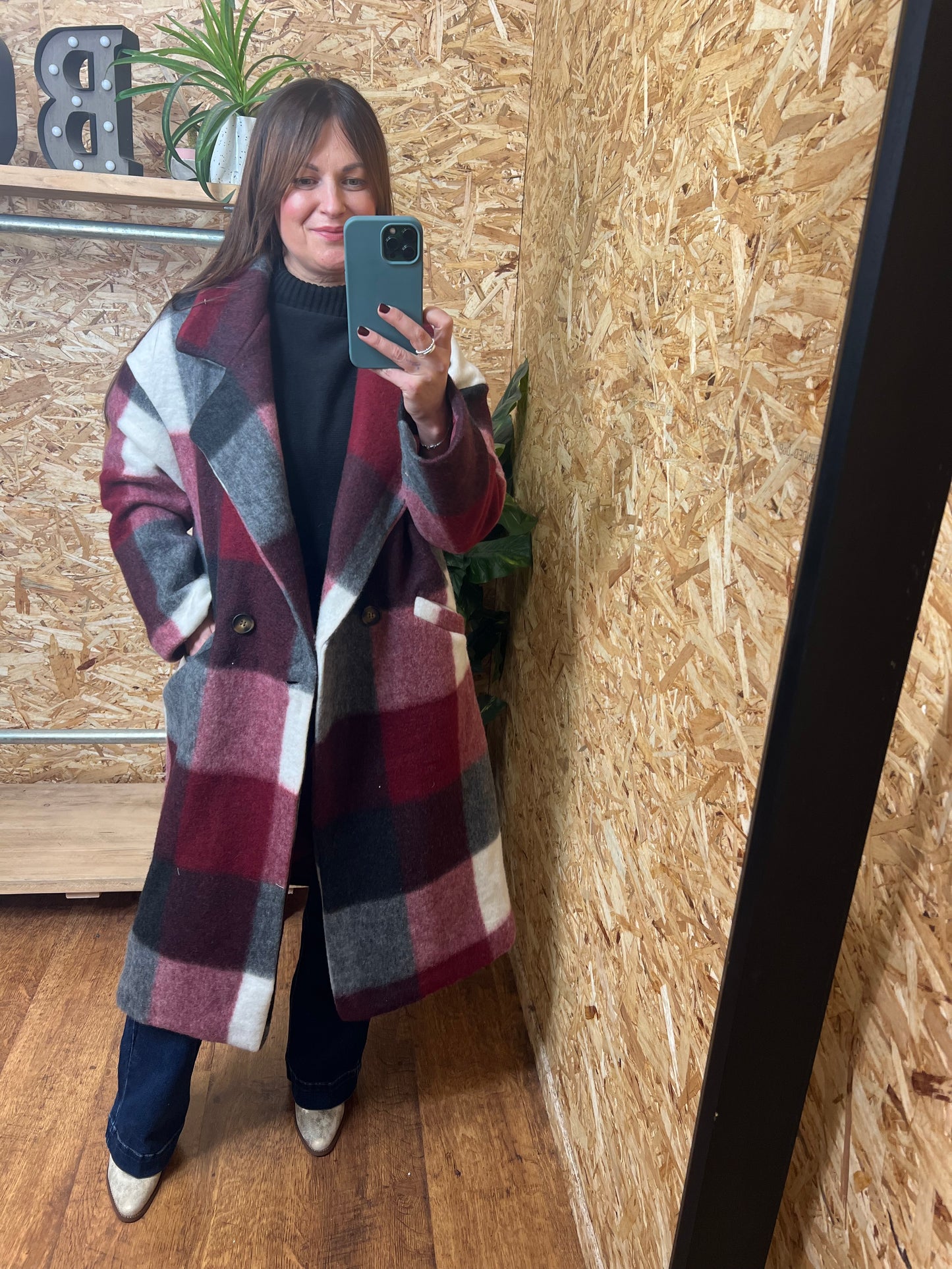 Checked Wool Coat Wine/Grey