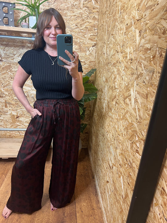 Silk Mix Leopard Trousers- Burgundy