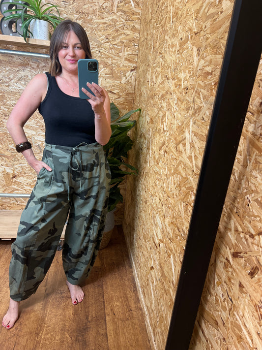 Camo Barrel Leg Trousers