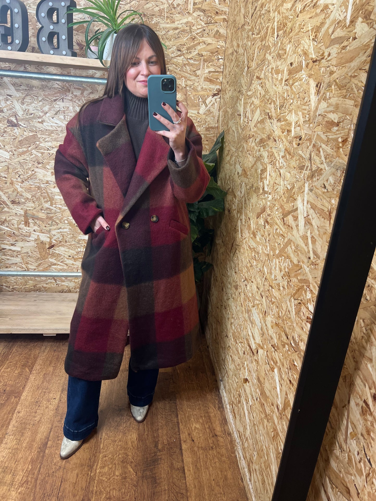 Checked Wool Coat Wine/Brown