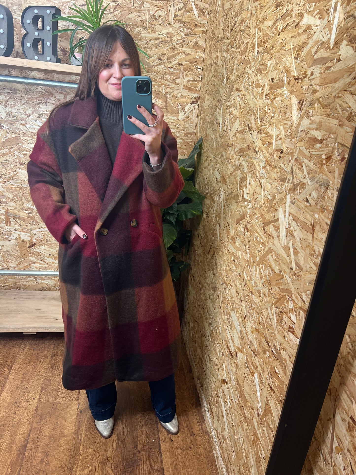Checked Wool Coat Wine/Brown