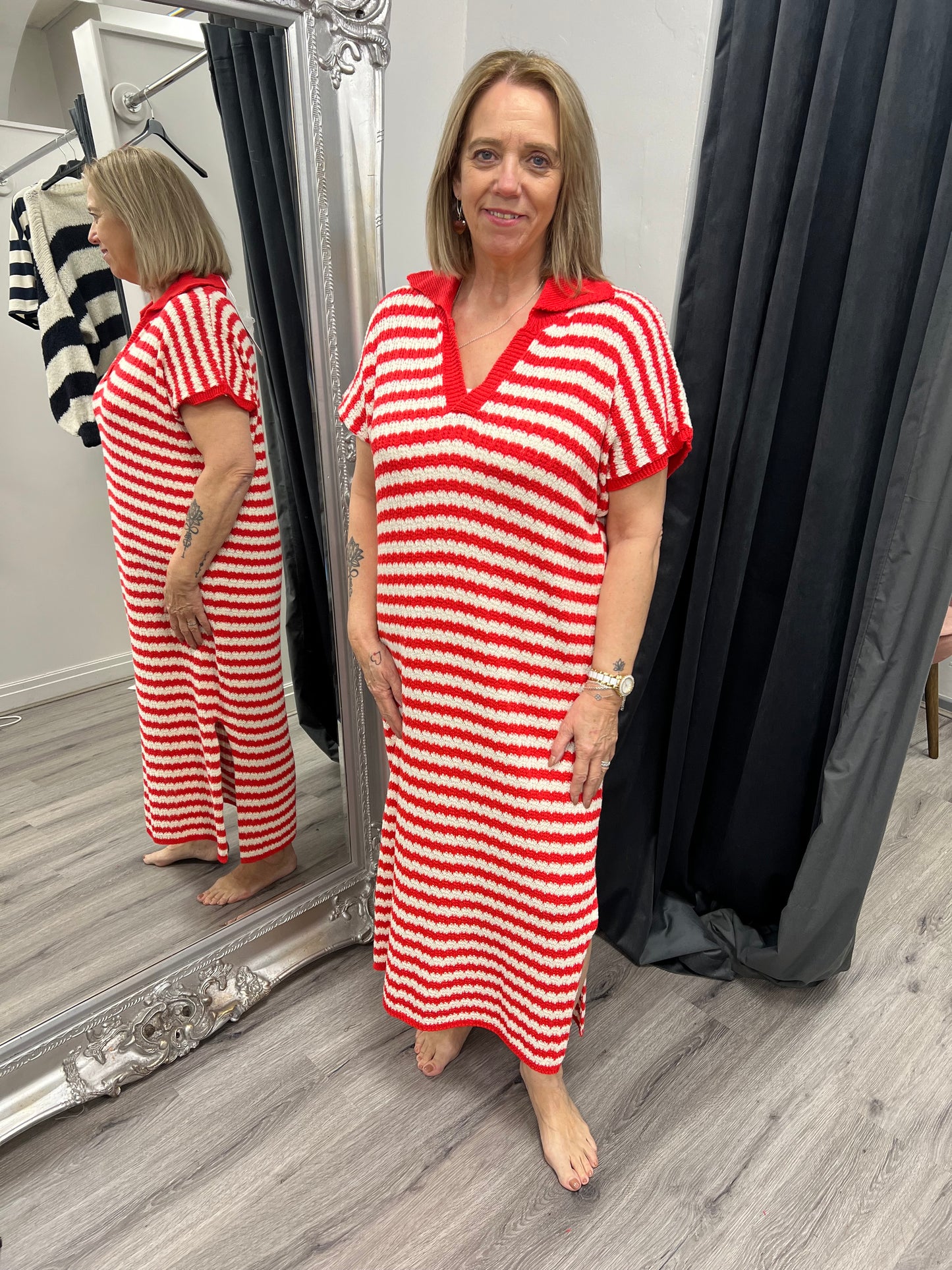 Crochet Stripe Dress - Red/Cream