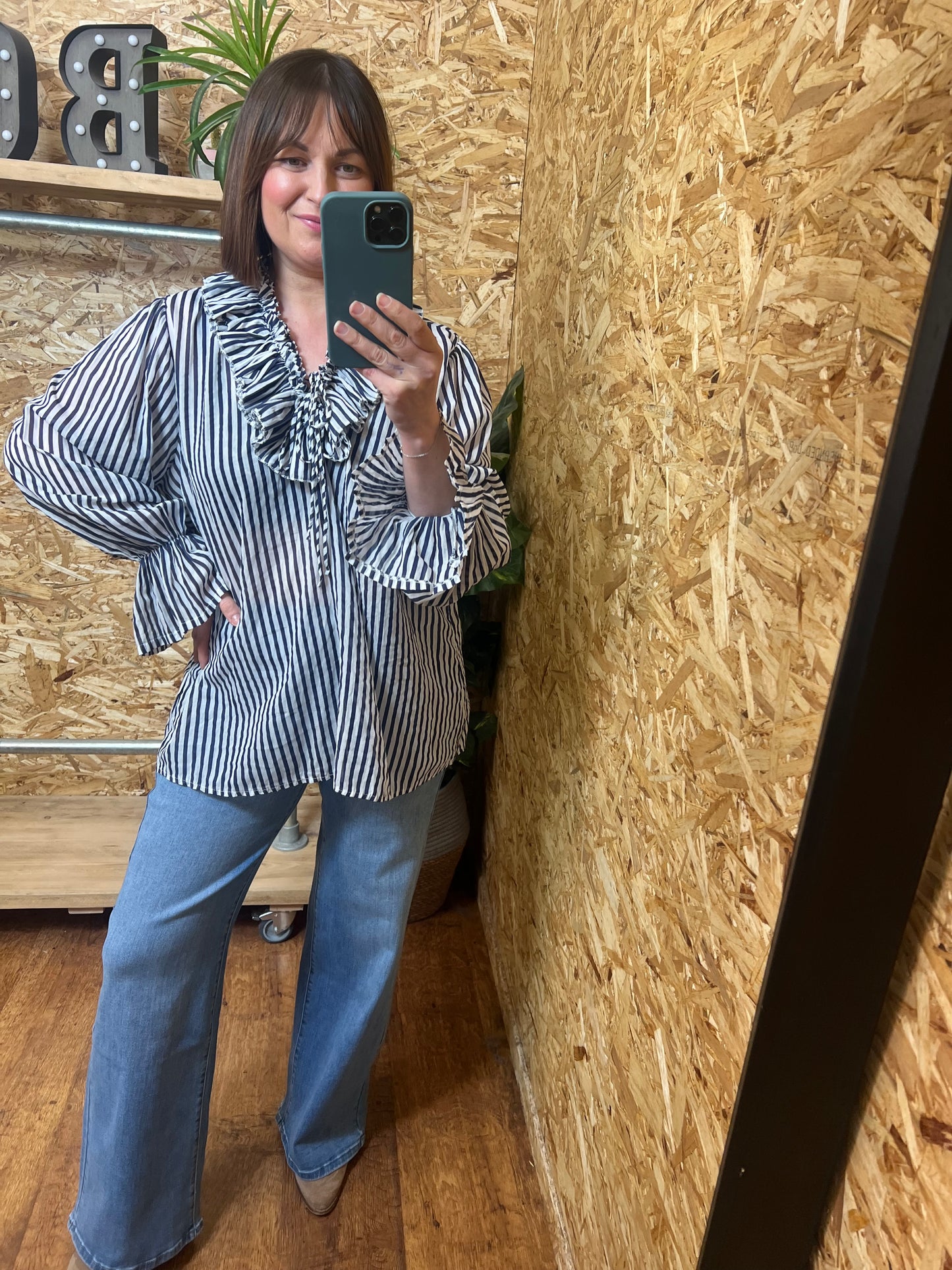 Navy Stripe Ruffle Shirt