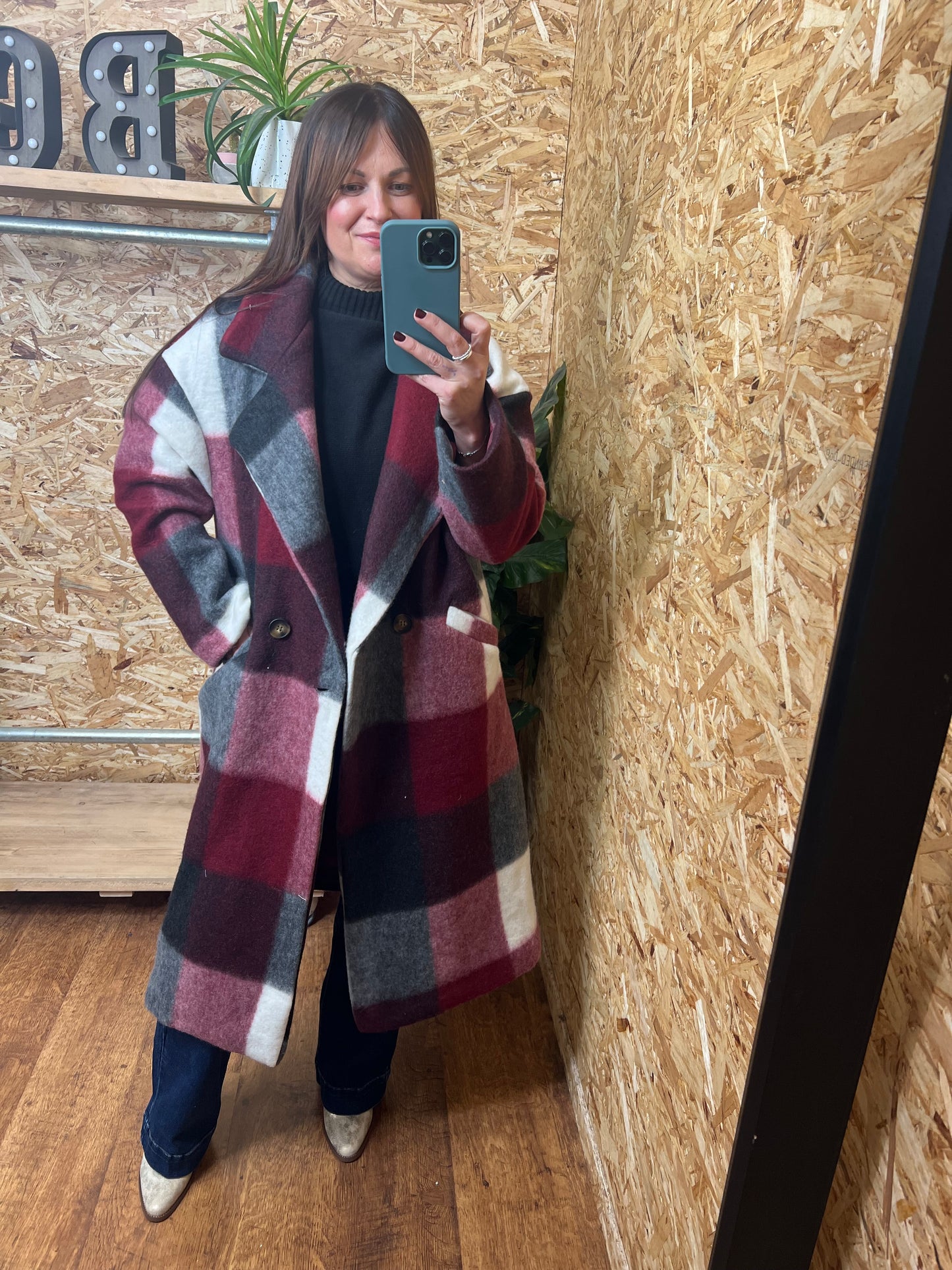 Checked Wool Coat Wine/Grey