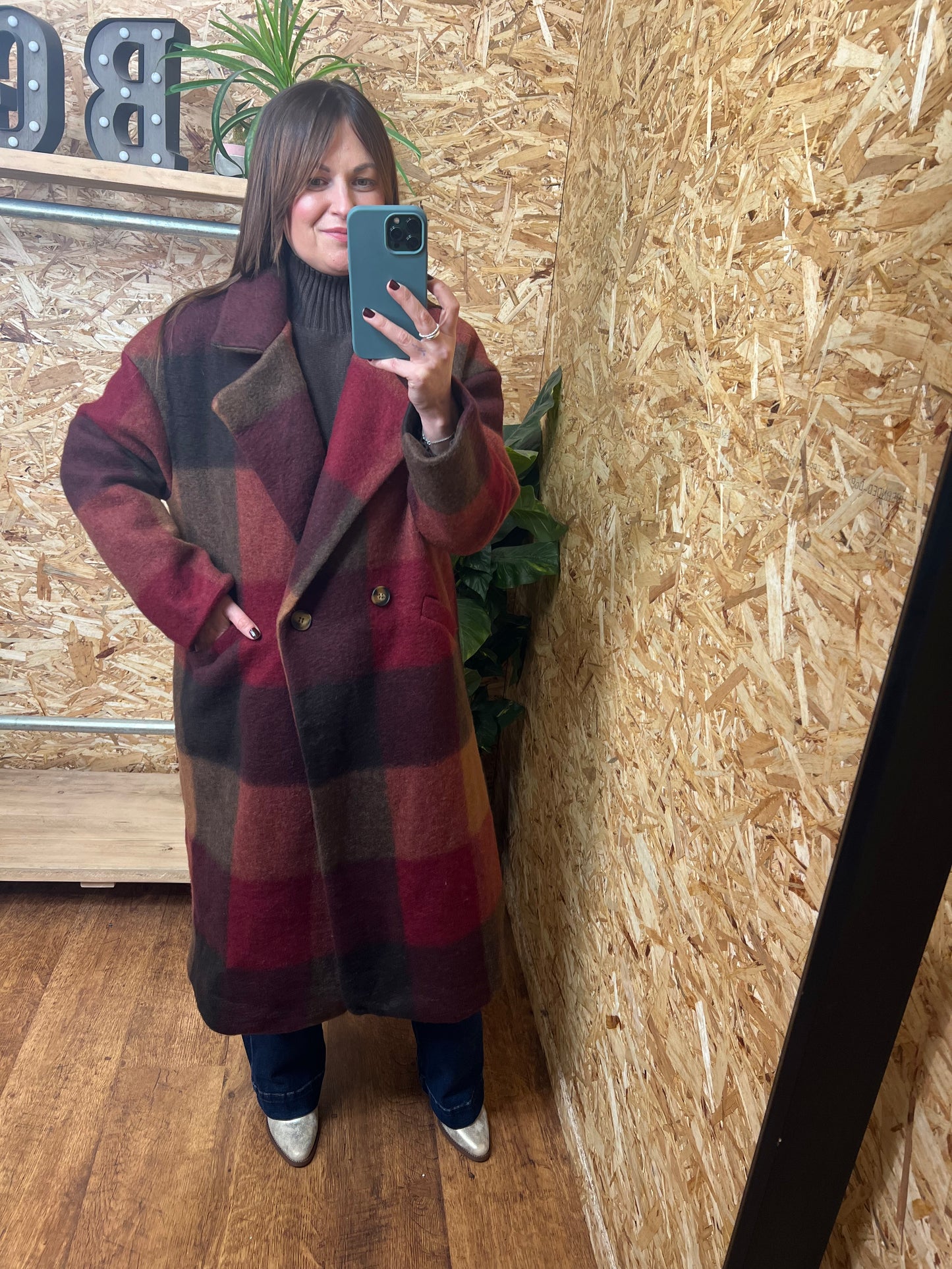 Checked Wool Coat Wine/Brown