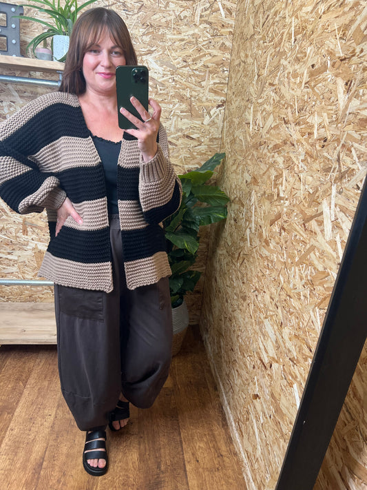 Chunky Stripe Cardigan -Mocha/Black