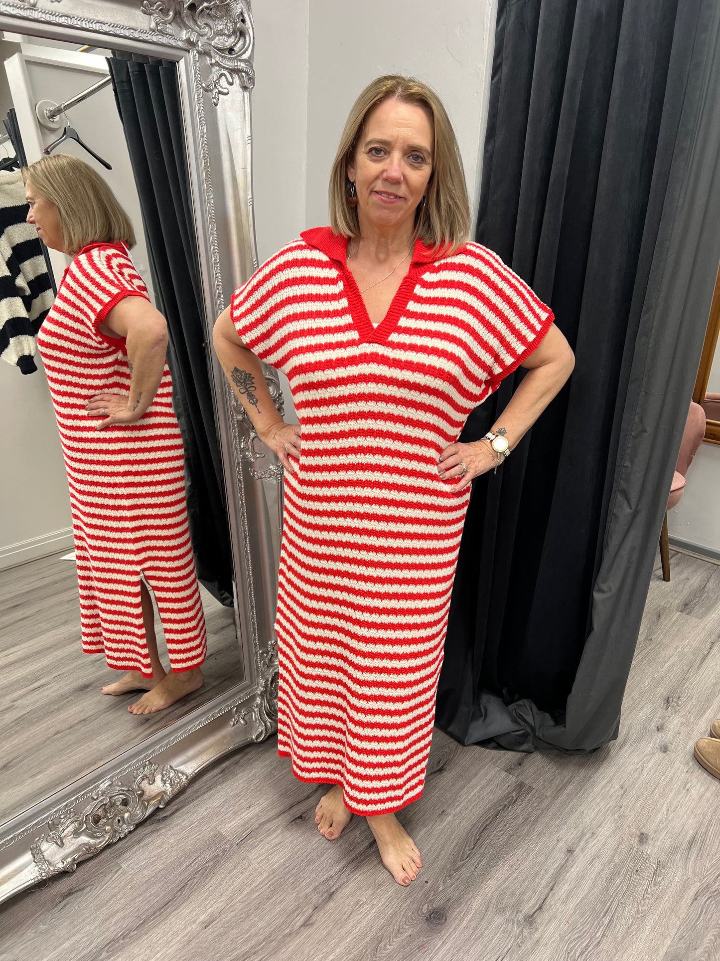 Crochet Stripe Dress - Red/Cream