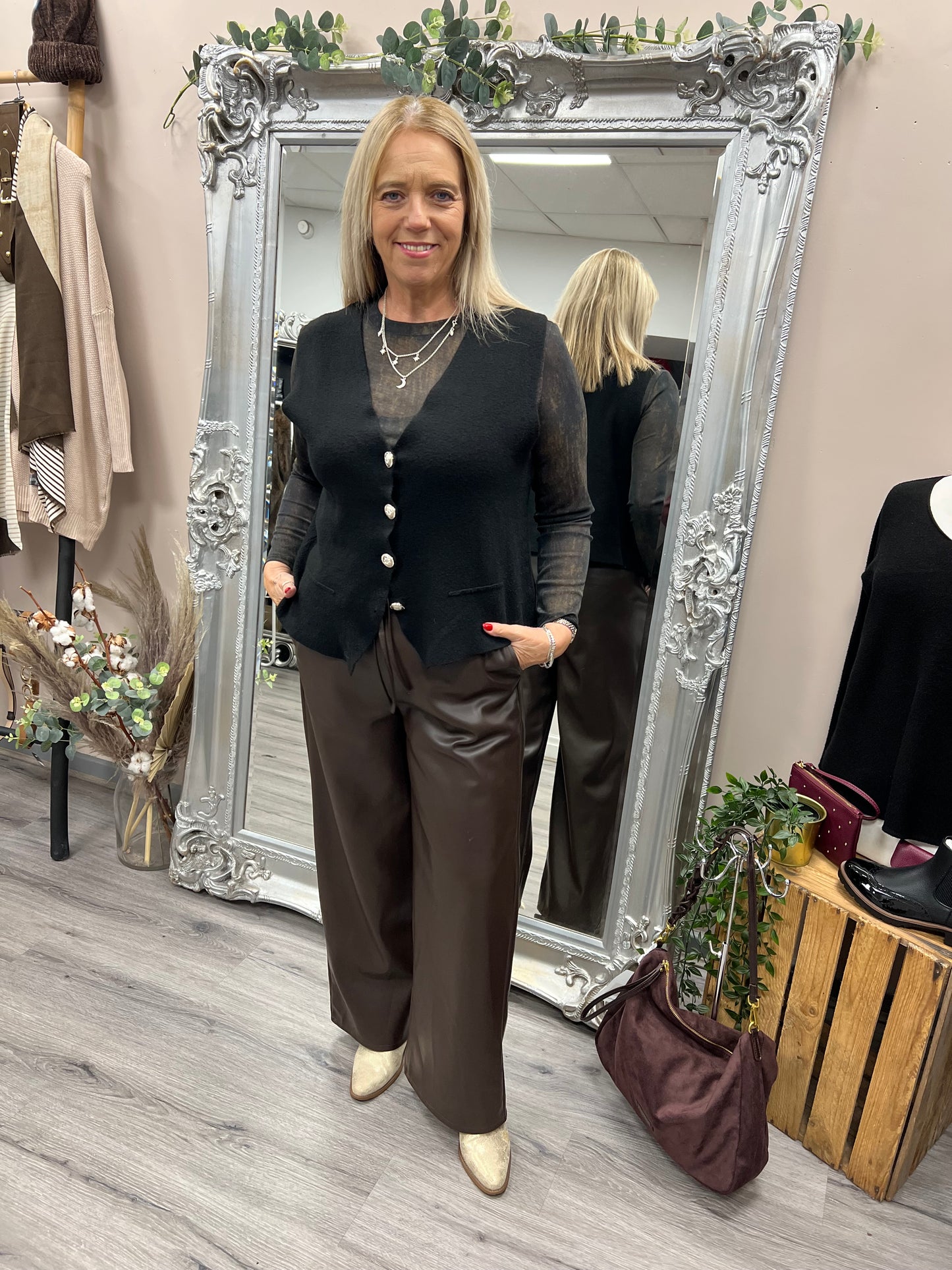 Faux Leather Wide Leg Trousers
