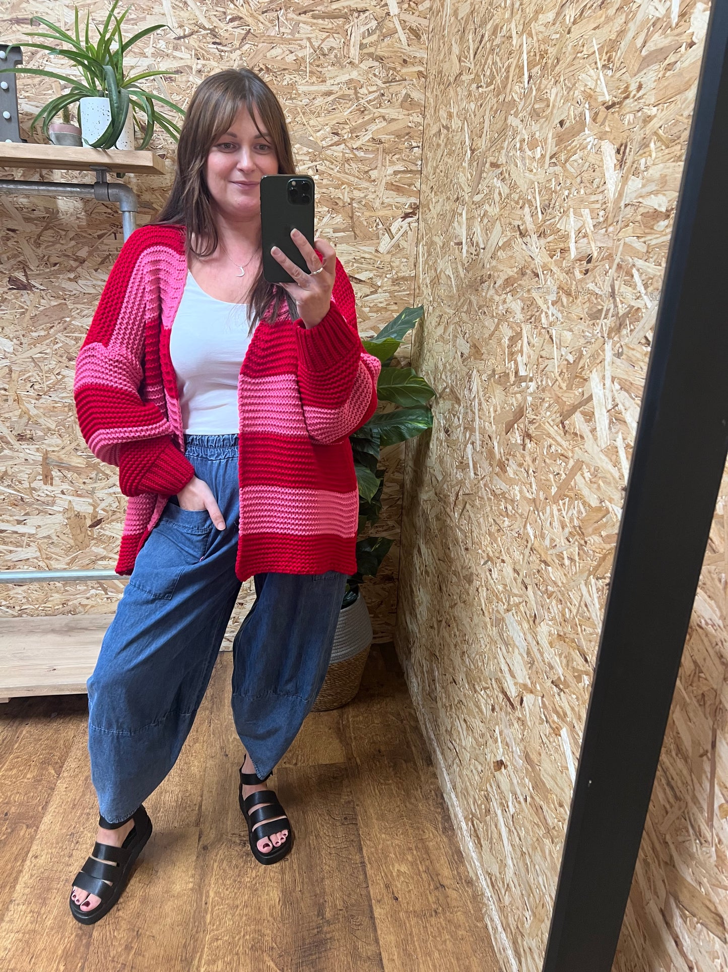 Chunky Stripe Cardigan-Red/Pink