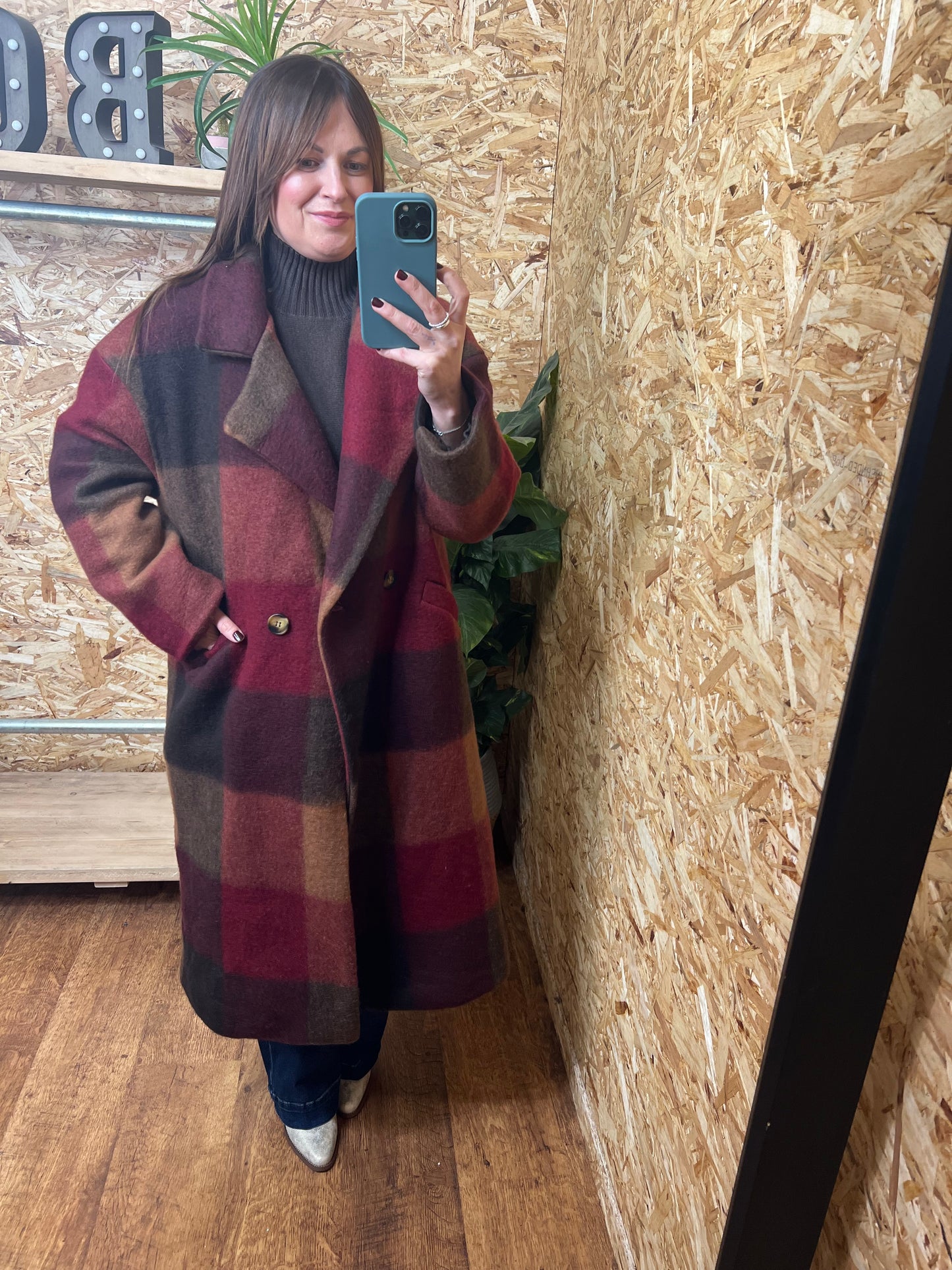 Checked Wool Coat Wine/Brown